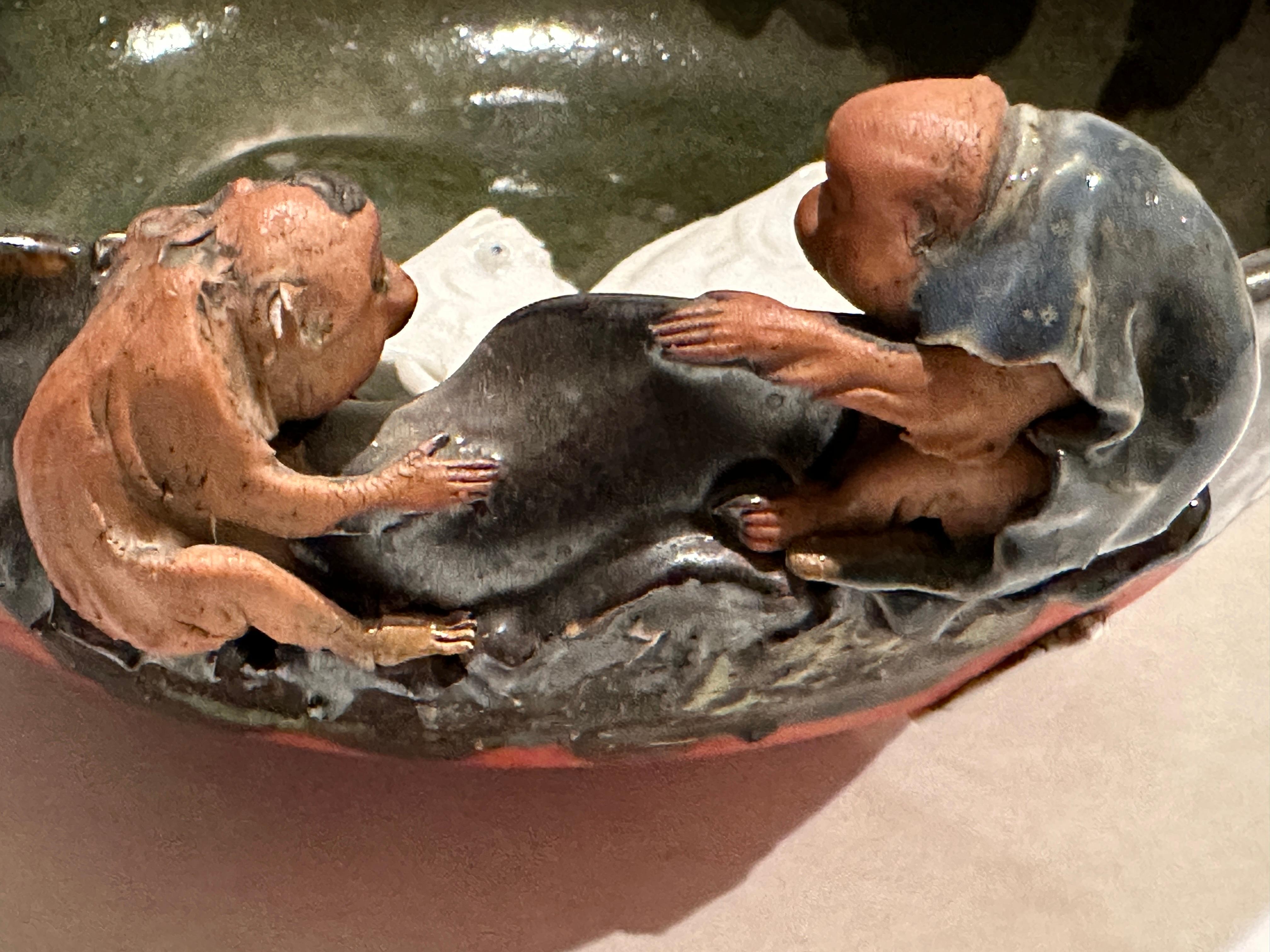 Glazed Japanese Meiji Sumida Gawa Bowl With Monkeys