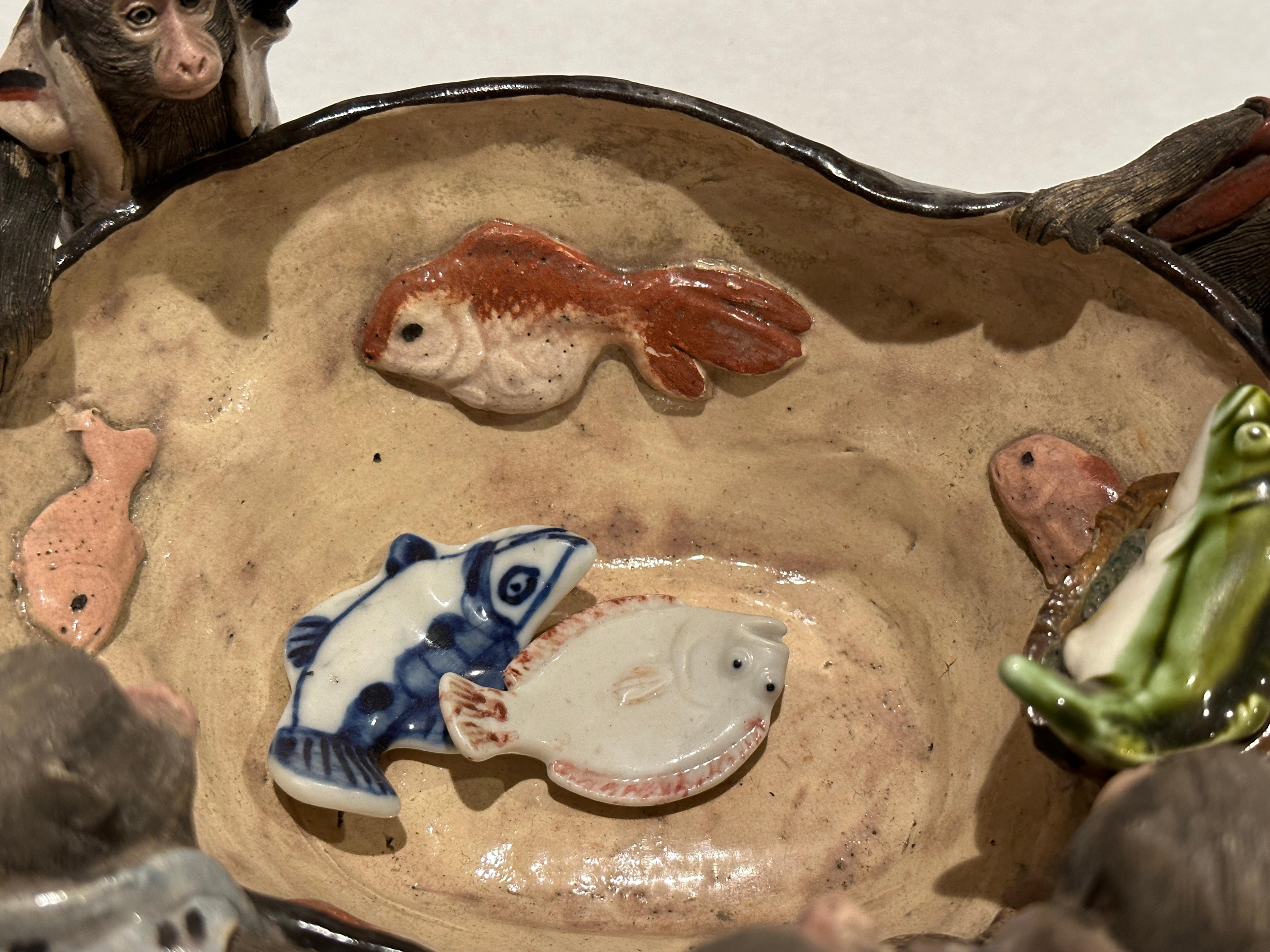 Ceramic Japanese Meiji Sumida Gawa Bowl With Monkeys