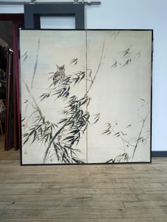 Japanese Meiji-Taisho Two-Panel Screen with Owl & Bamboo, circa 1915
