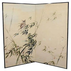 Japanese Meiji-Taisho Two-Panel Screen with Owl & Bamboo, circa 1915