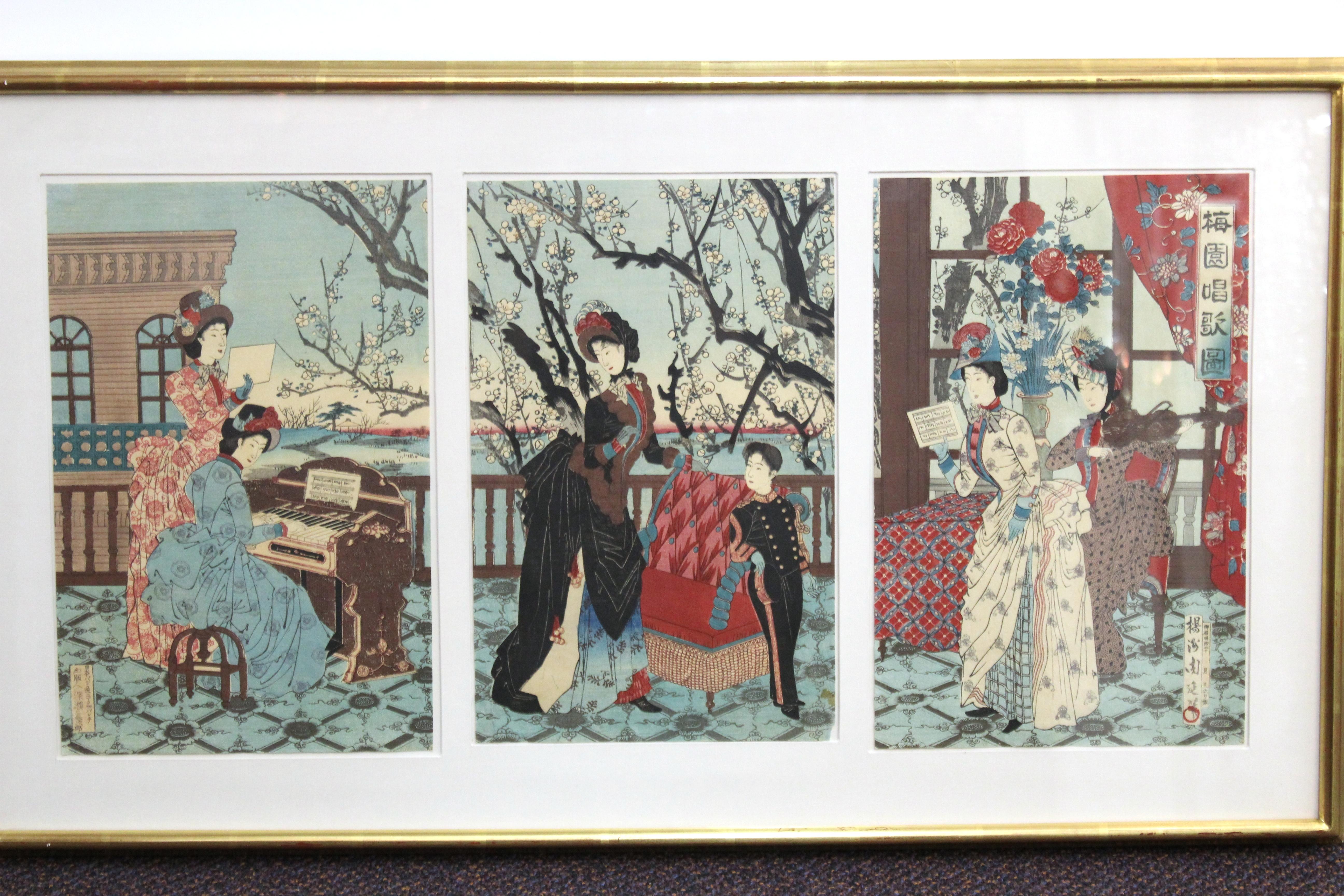 Japanese Meiji period framed set of three woodblock prints from the 'Plum Garden' series, made by Toyohana Chikanobu (1838-1912). An example of this print is at the Kanagawa Prefecture Museum in Yokohama. 
The set dates from circa 1880. The first