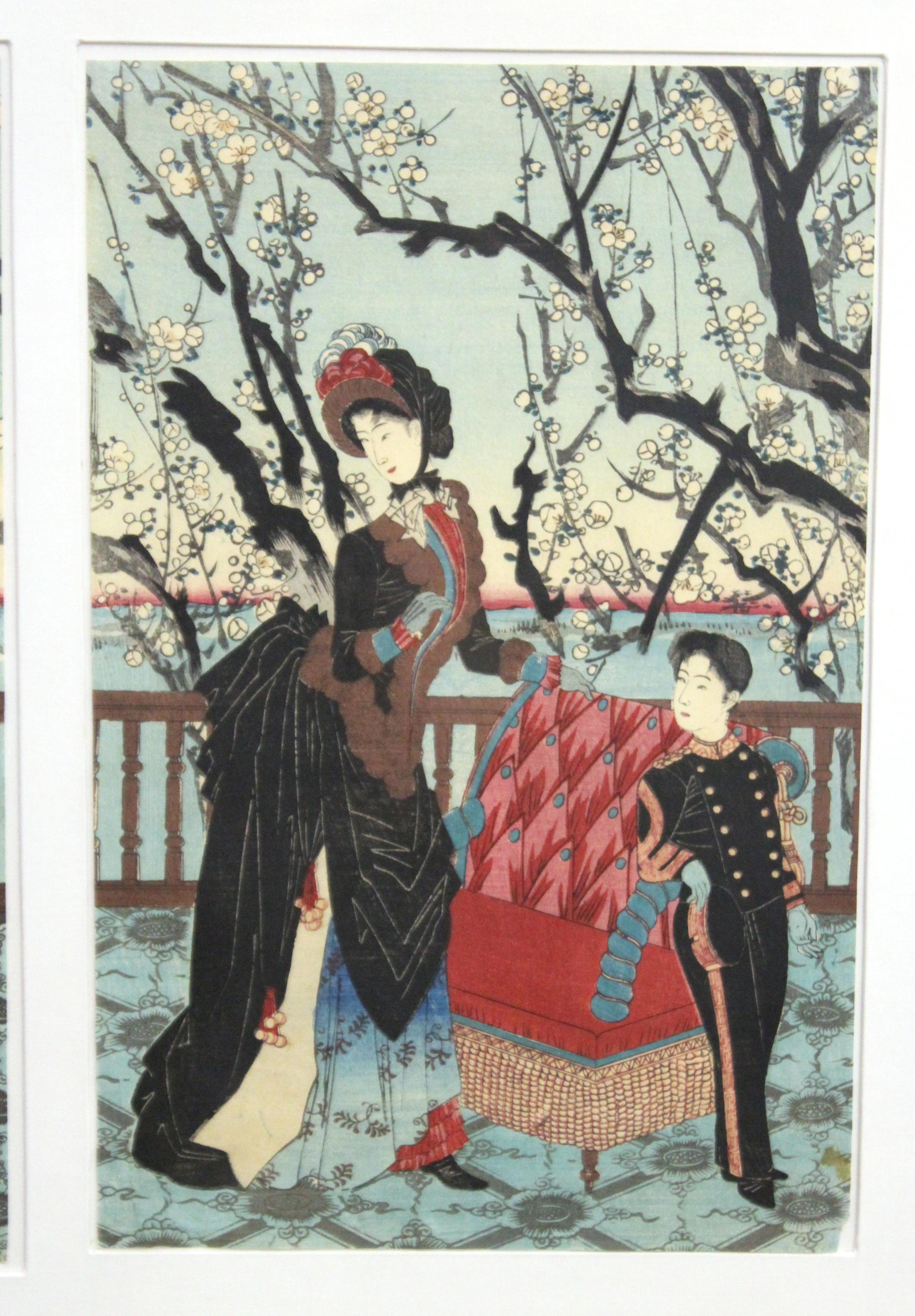 Japanisches japanisches Meiji Toyohana Chikanobu Holzschnitt-Dreitychon aus Pflaume Garten-Set (Spätes 19. Jahrhundert) im Angebot