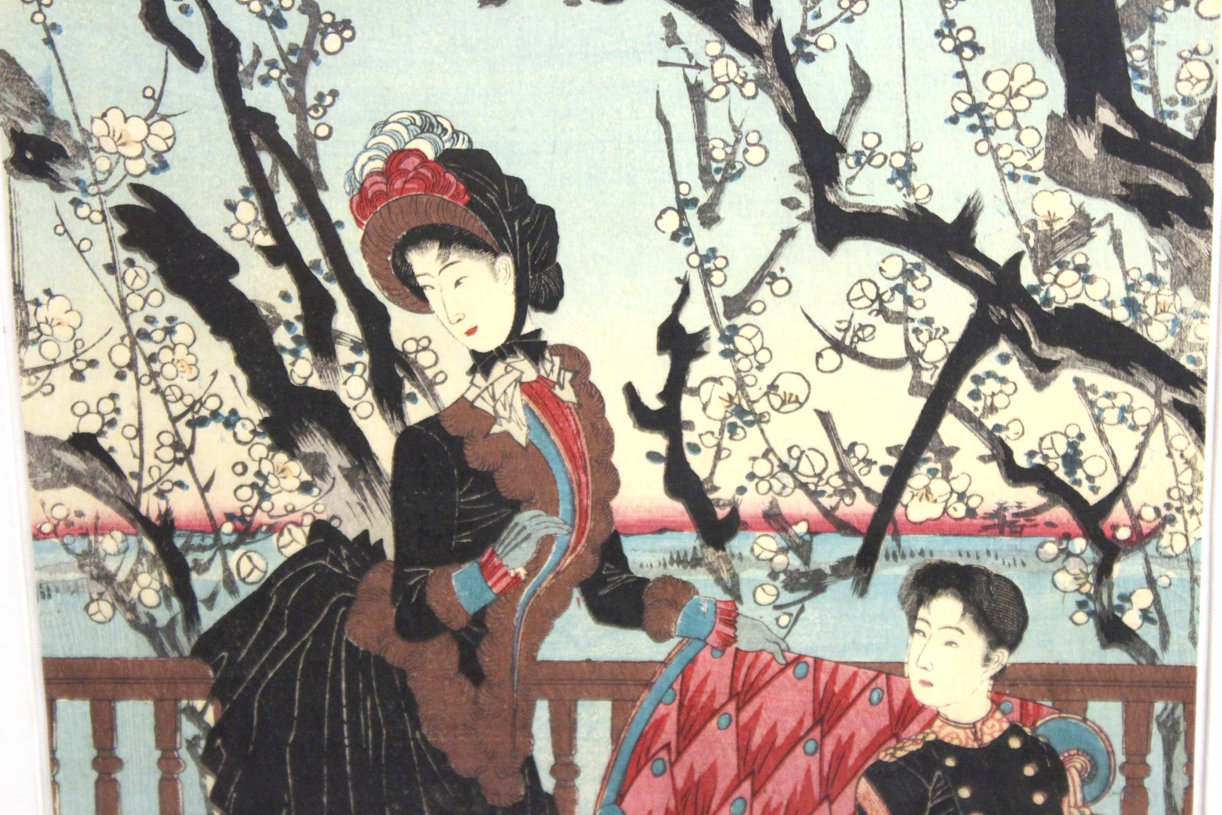 Triptyque japonais Meiji Toyohana Chikanobu imprimé de blocs de bois du jardin de prunier en vente 3