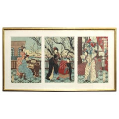 Tríptico de xilografías japonesas Meiji Toyohana Chikanobu del conjunto Jardín de ciruelos