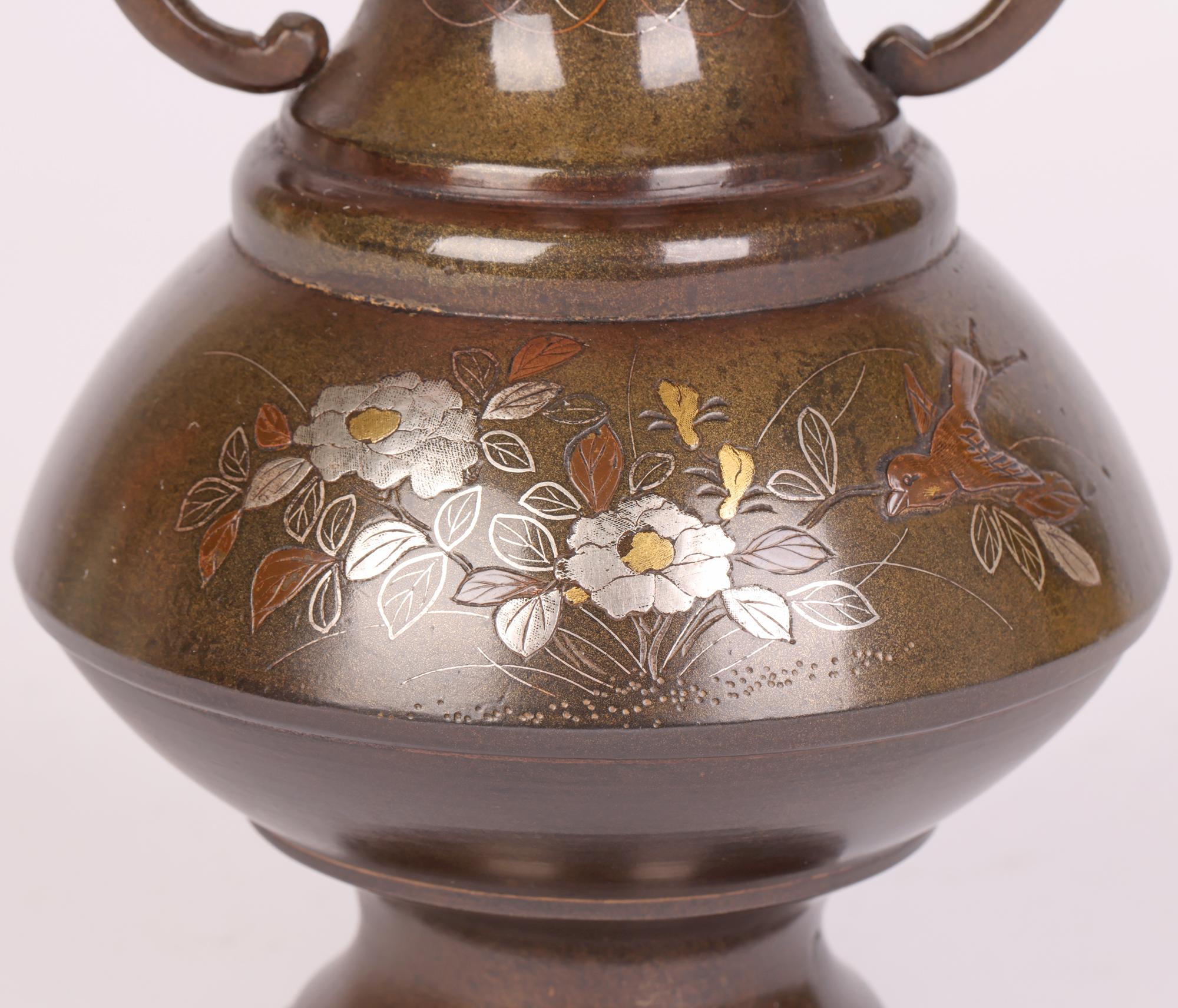 Japanese Meiji Twin Handled Bronze Vase with Silver, Brass & Copper Inlay For Sale 6