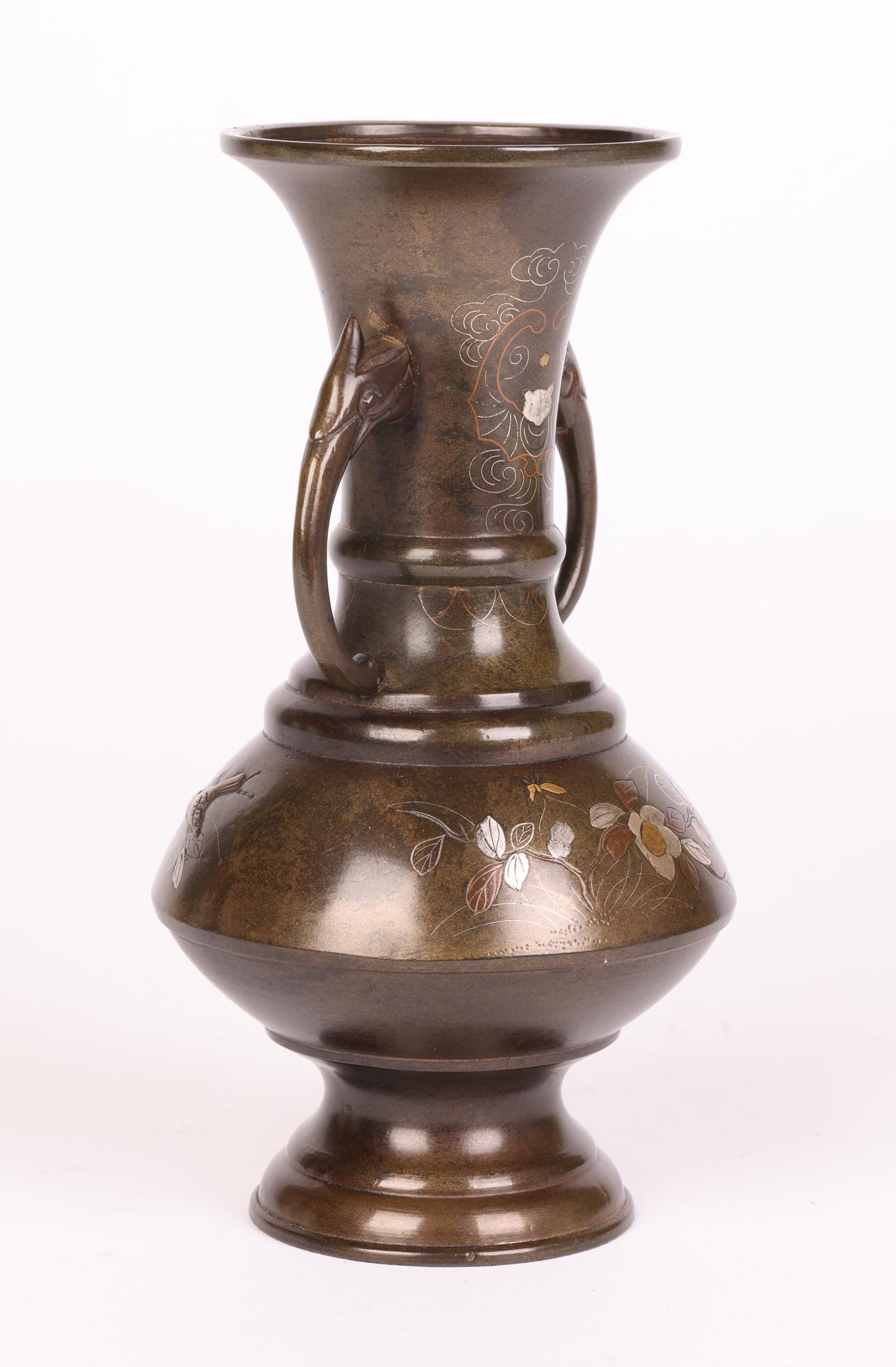 Japanese Meiji Twin Handled Bronze Vase with Silver, Brass & Copper Inlay For Sale 7