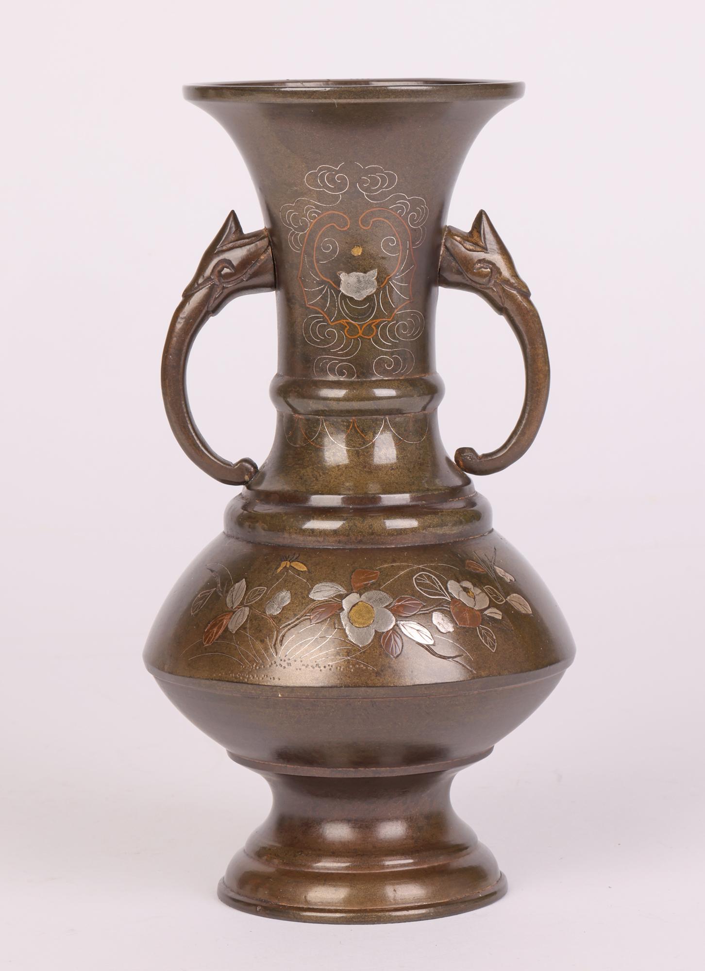 Japanese Meiji Twin Handled Bronze Vase with Silver, Brass & Copper Inlay For Sale 9