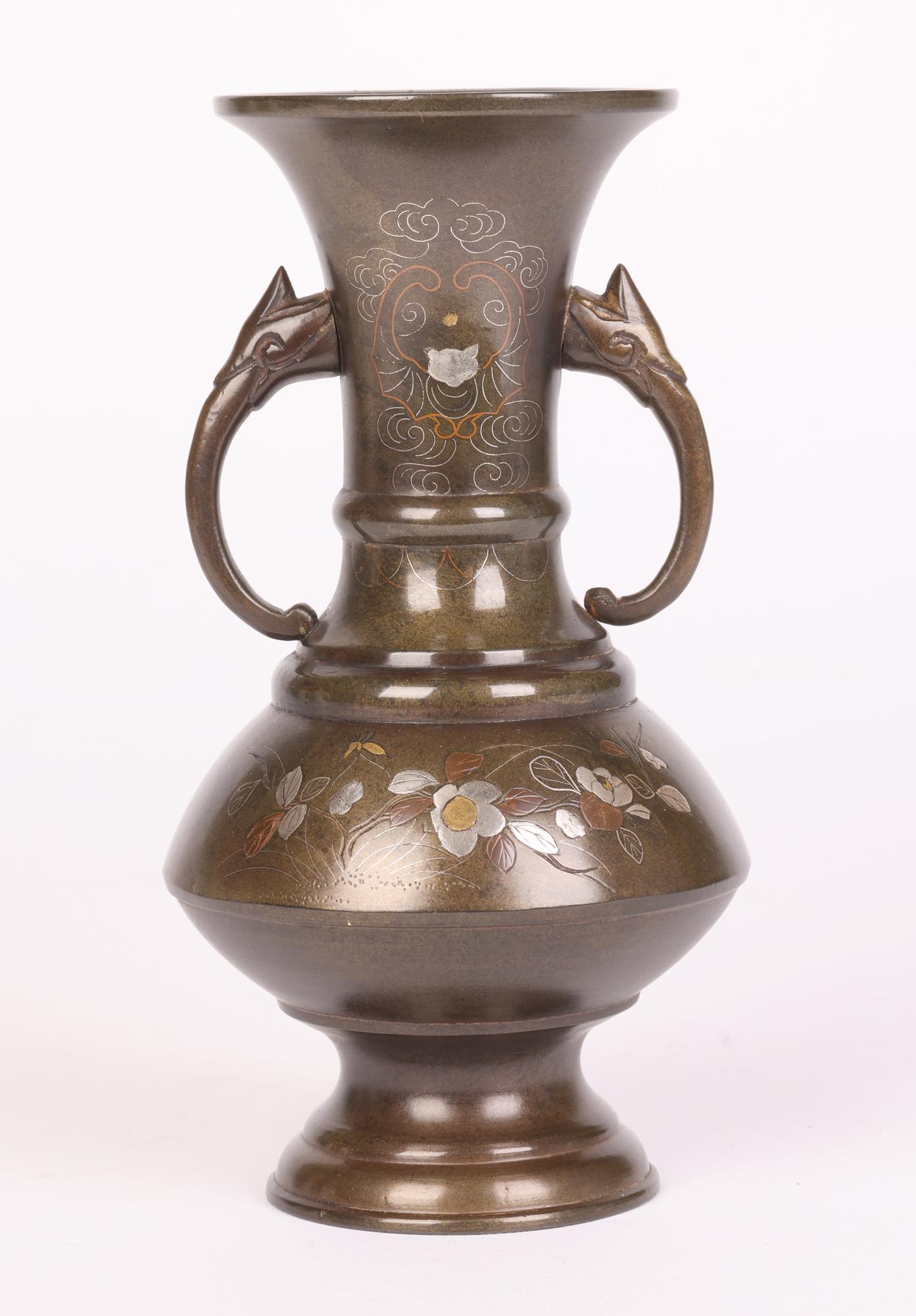Japanese Meiji Twin Handled Bronze Vase with Silver, Brass & Copper Inlay In Good Condition For Sale In Bishop's Stortford, Hertfordshire