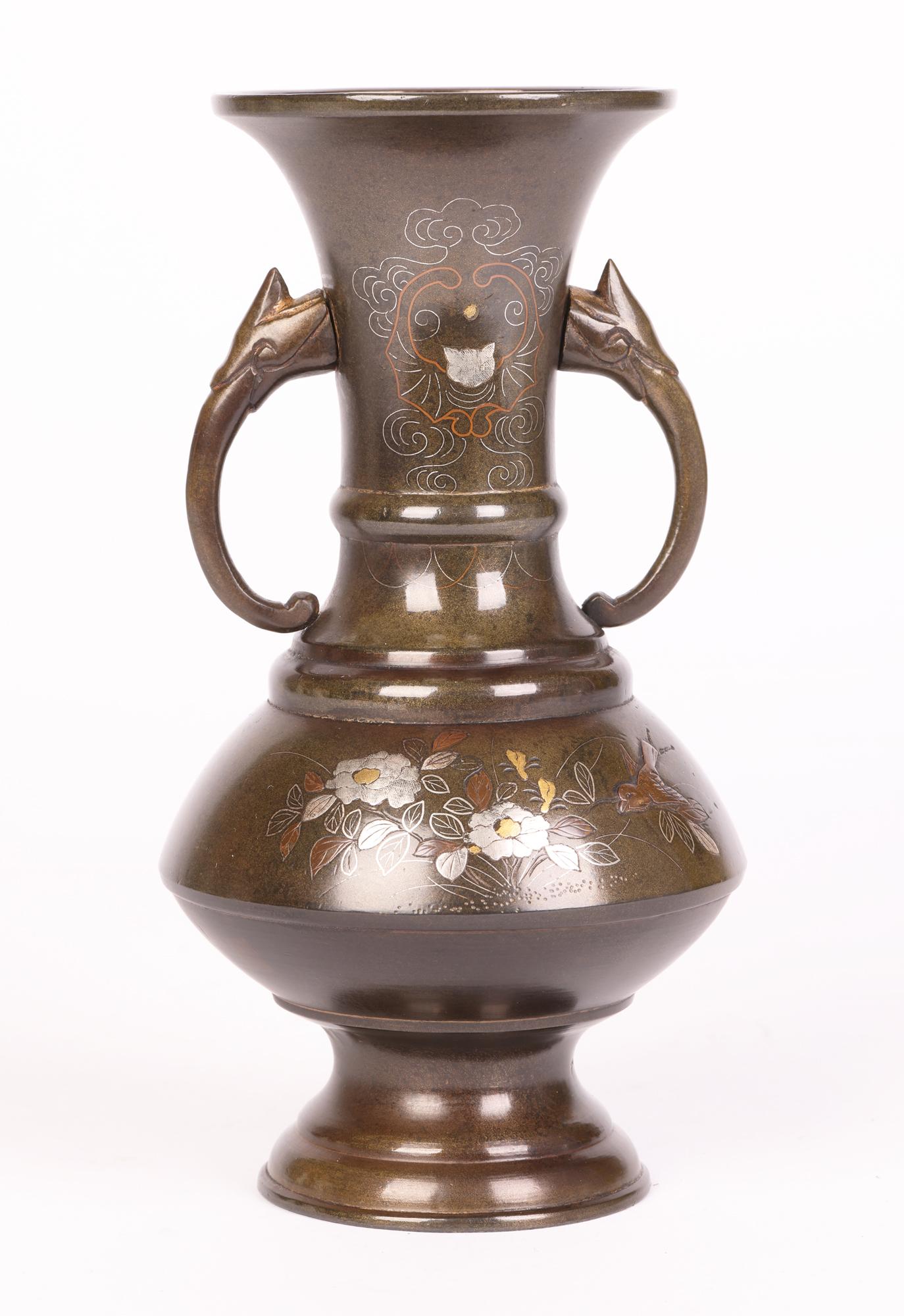 Japanese Meiji Twin Handled Bronze Vase with Silver, Brass & Copper Inlay For Sale 4