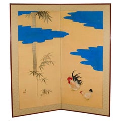 Japanese Meiji Two-Panel Embroidery Screen w/ Rooster and Chicken, Ca. 1890s