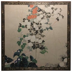 Japanese Two-Panel Folding Screen with Chrysanthemums and Morning Glories