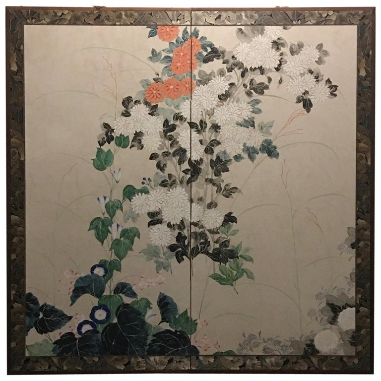 Japanese Two-Panel Folding Screen with Chrysanthemums and Morning Glories For Sale