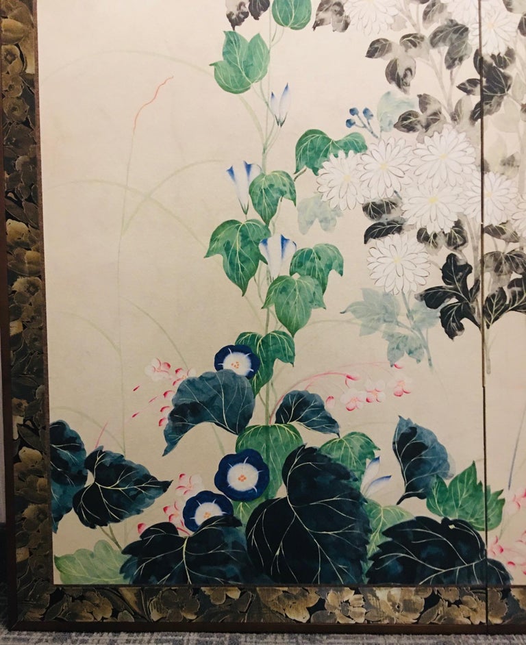 Japanese Two-Panel Folding Screen with Chrysanthemums and Morning Glories In Good Condition For Sale In New York, NY