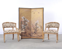 Japanese Meiji Two Panel Screen Birds Flowers in Autumn Landscape