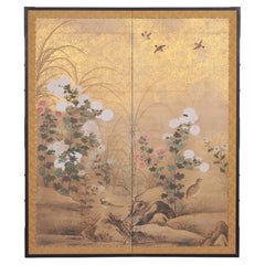 Japanese Meiji Two Panel Screen Birds Flowers in Autumn Landscape
