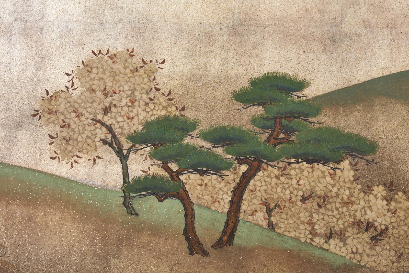Brass Japanese Meiji Two Panel Screen Cherry Blossoms Yoshino Mountain