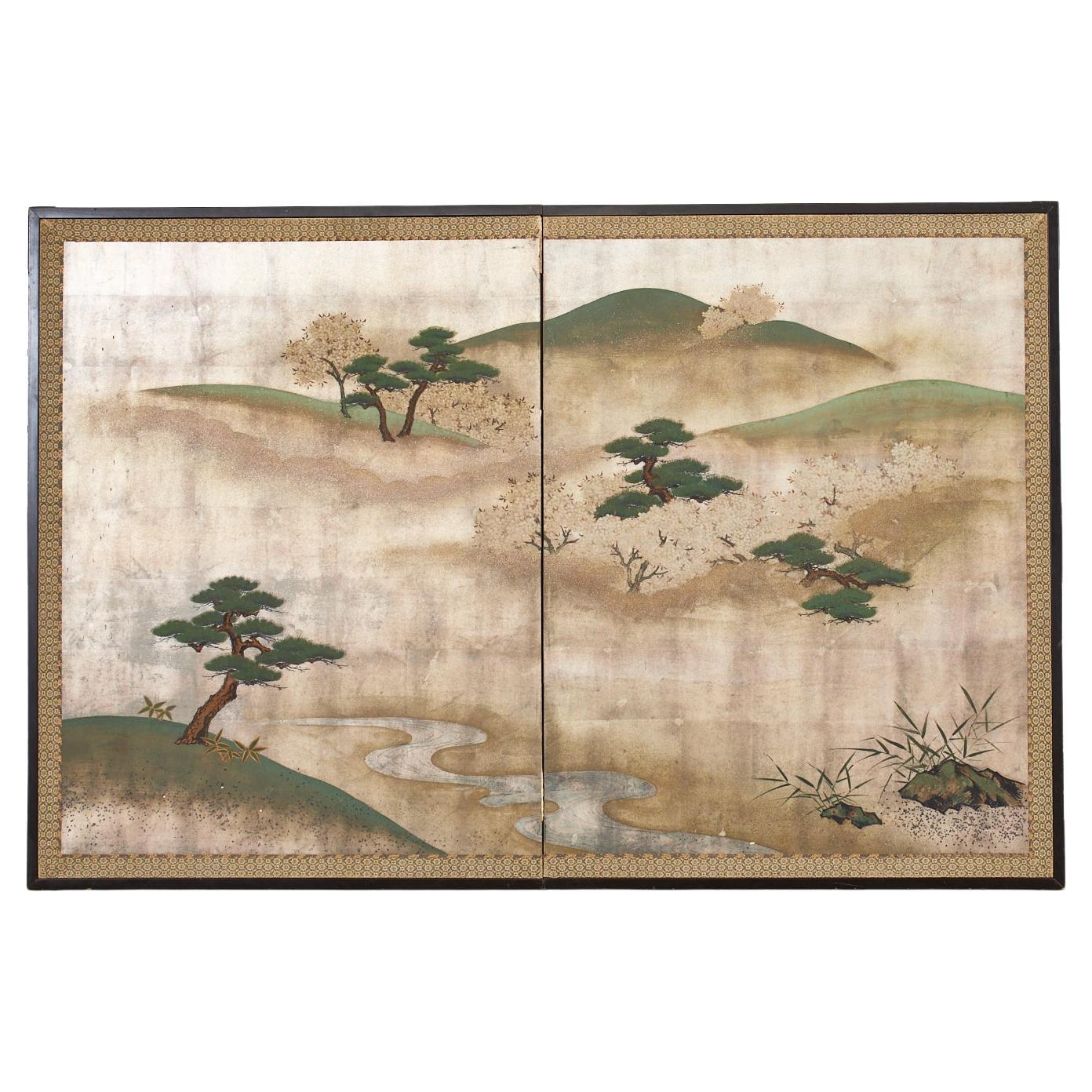 Japanese Meiji Two Panel Screen Cherry Blossoms Yoshino Mountain