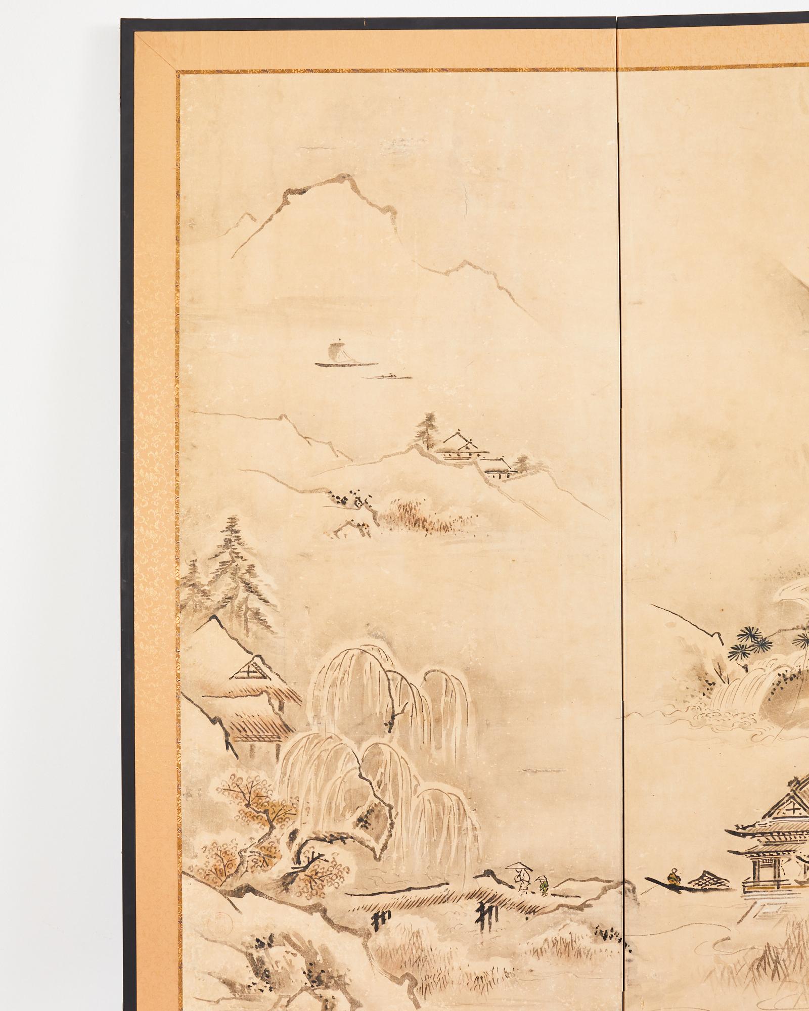 Japanese Meiji Two-Panel Screen Chinese Country Winter Landscape For Sale 9