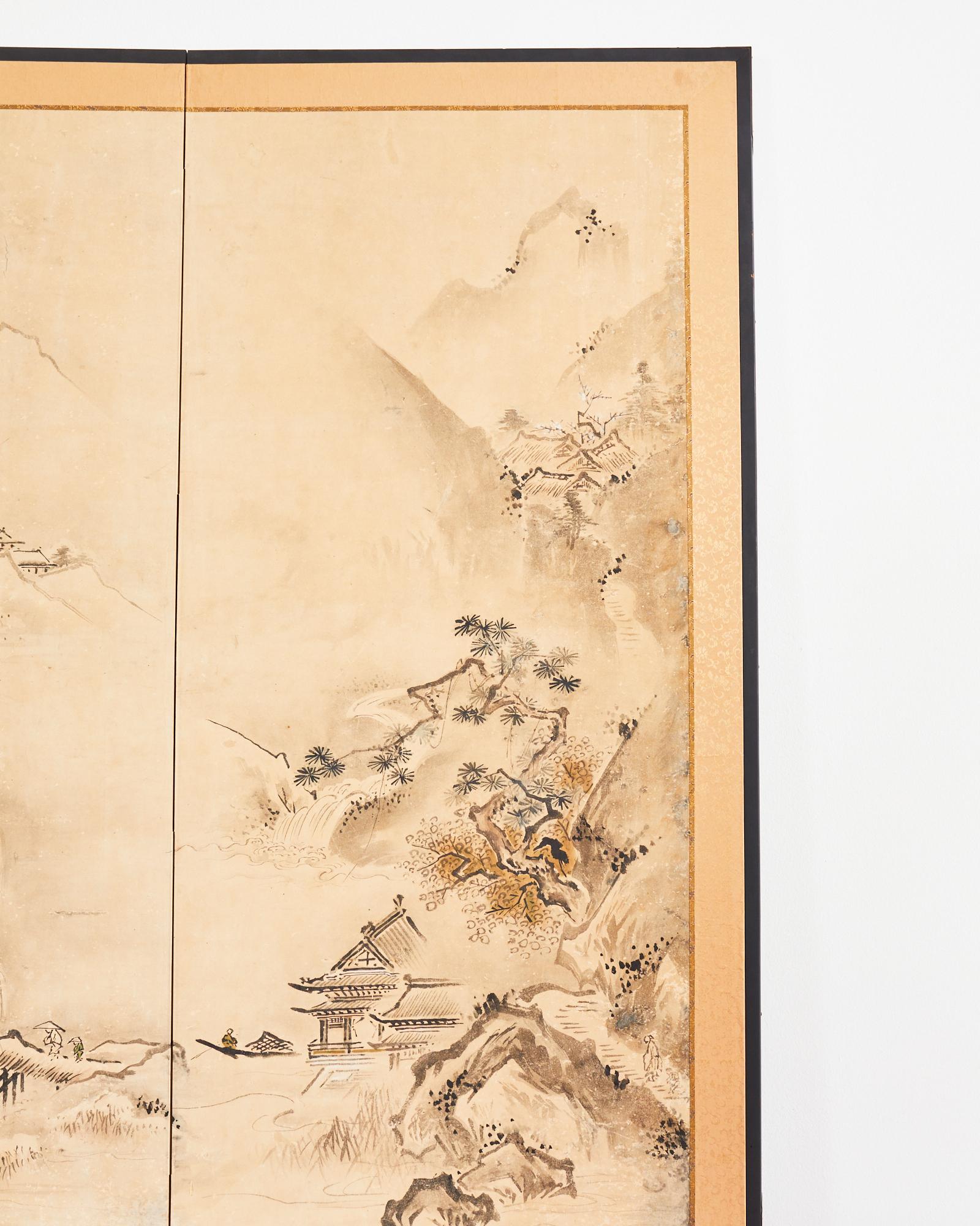 Japanese Meiji Two-Panel Screen Chinese Country Winter Landscape In Good Condition For Sale In Rio Vista, CA