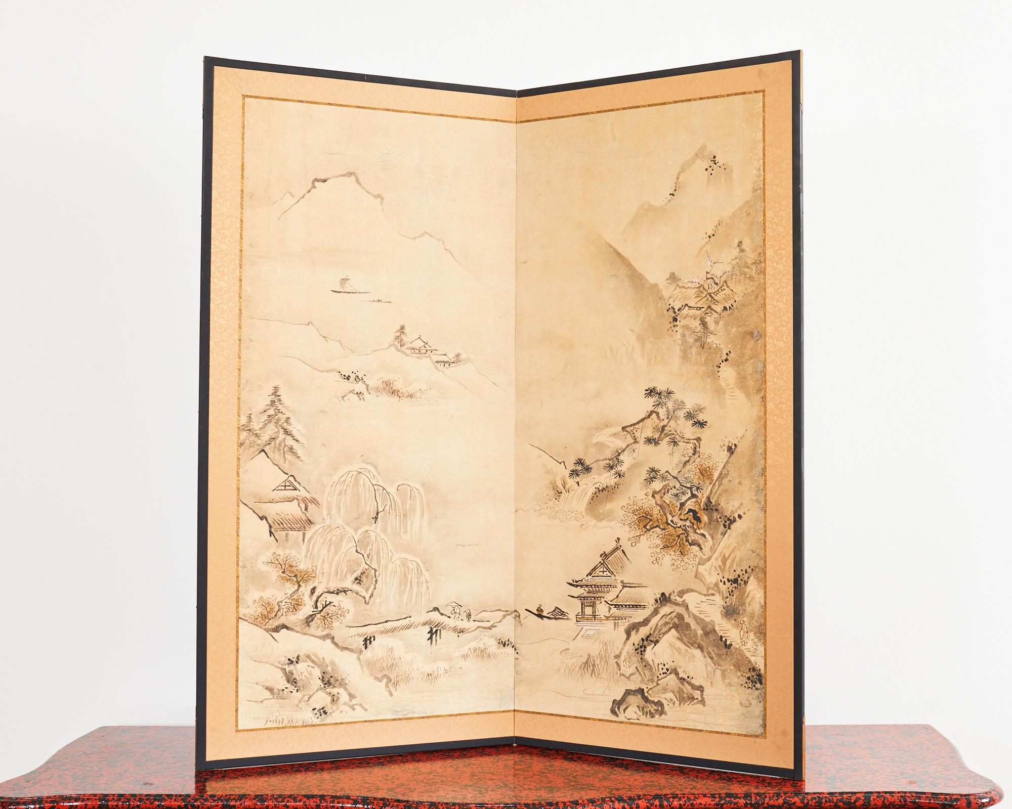 19th Century Japanese Meiji Two-Panel Screen Chinese Country Winter Landscape For Sale