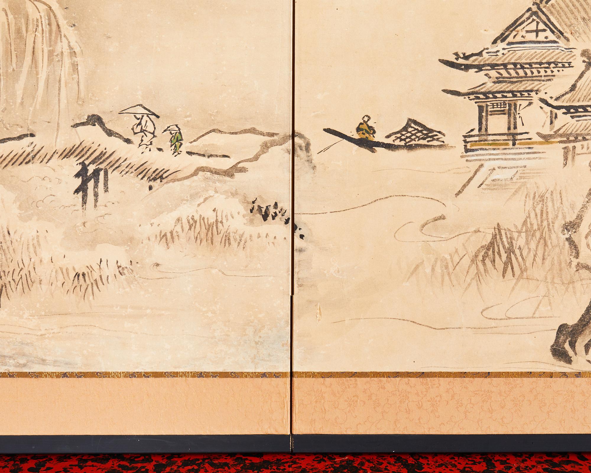 Japanese Meiji Two-Panel Screen Chinese Country Winter Landscape For Sale 2