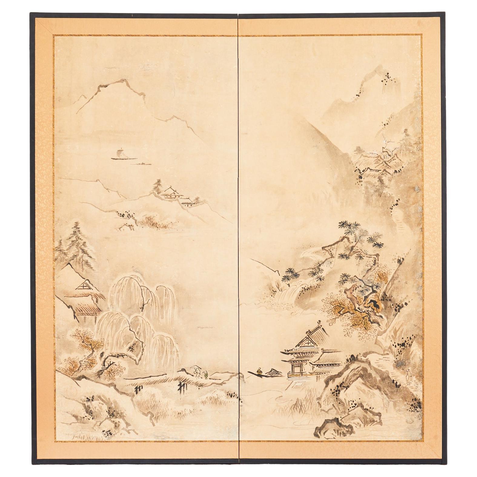 Biombo japonés Meiji de dos paneles Paisaje invernal campestre chino