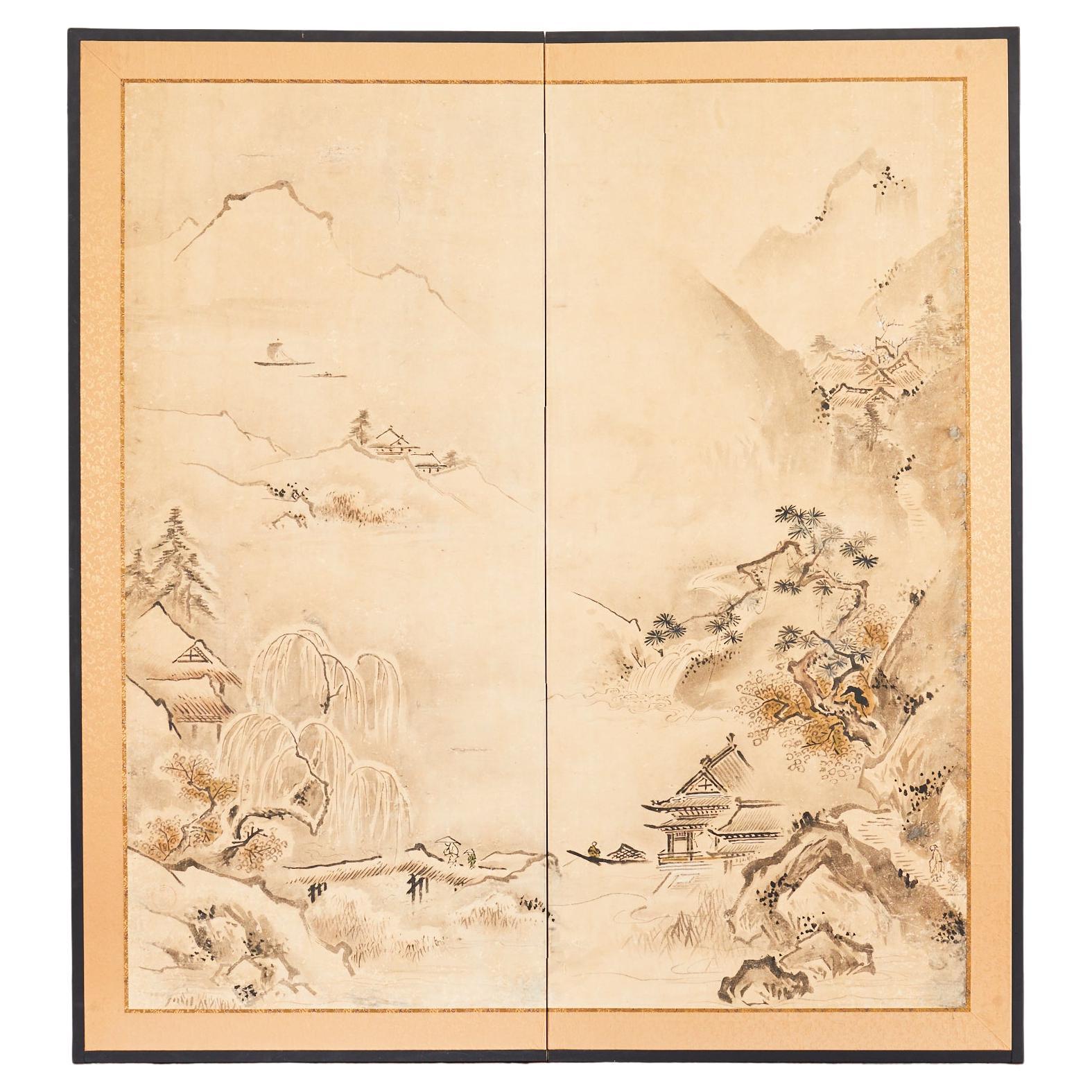 Japanese Meiji Two-Panel Screen Chinese Country Winter Landscape For Sale