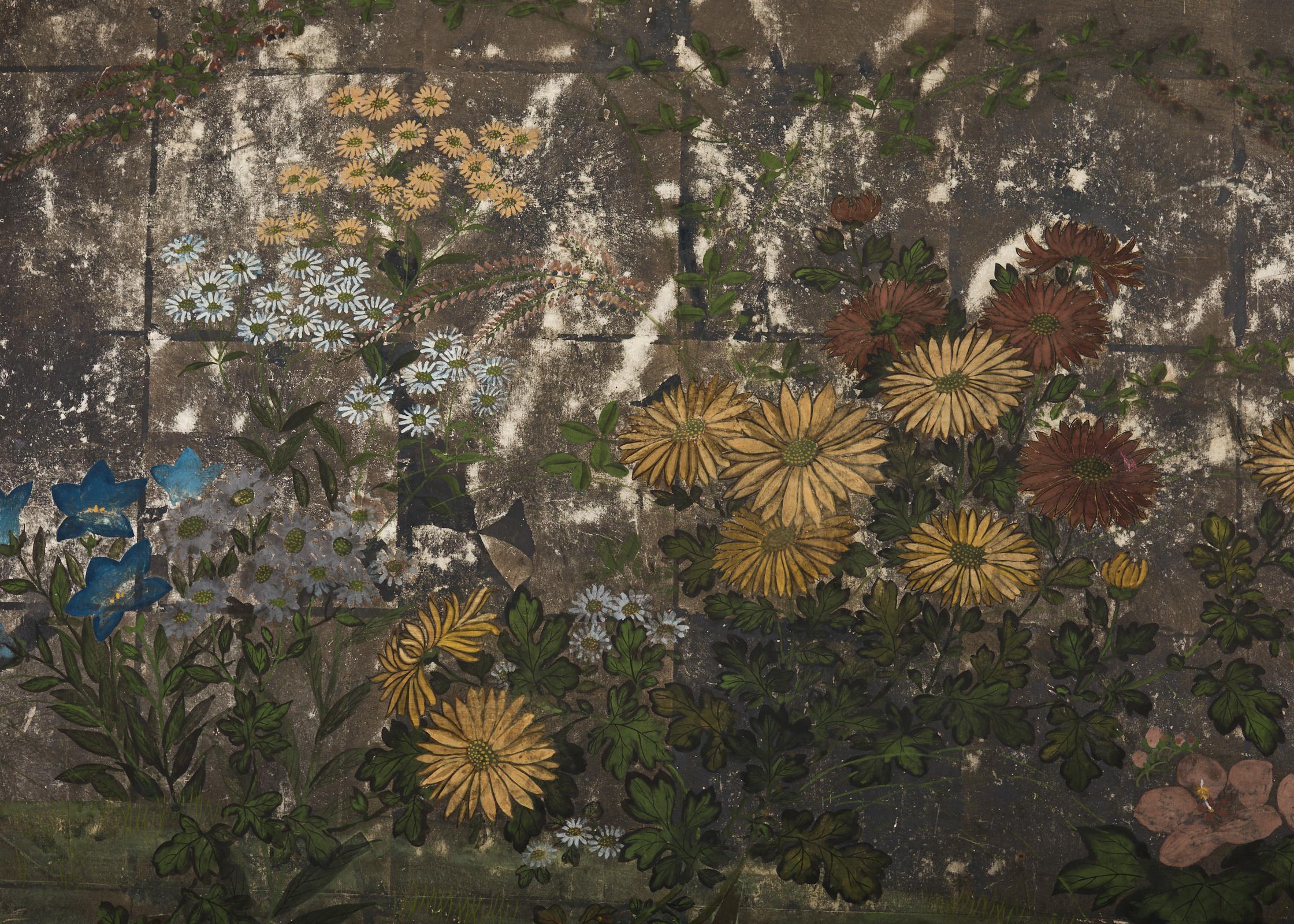 Zweiteiliger japanischer Meiji-Raumteiler mit Blumen-Herbstpflanzgefäßen im Zustand „Starke Gebrauchsspuren“ im Angebot in Rio Vista, CA