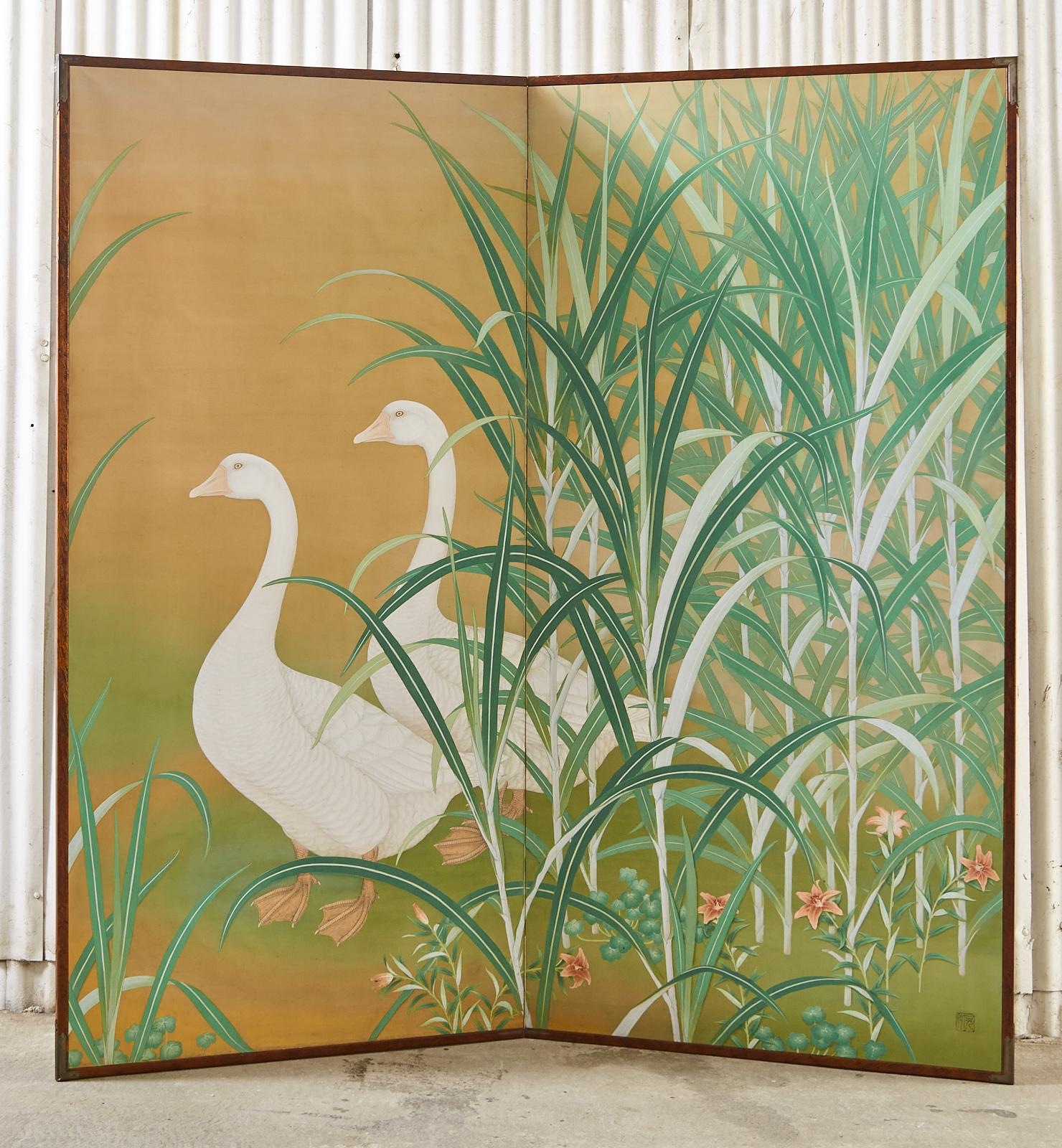 Japanese Meiji Two Panel Screen Geese and Reeds  For Sale 9