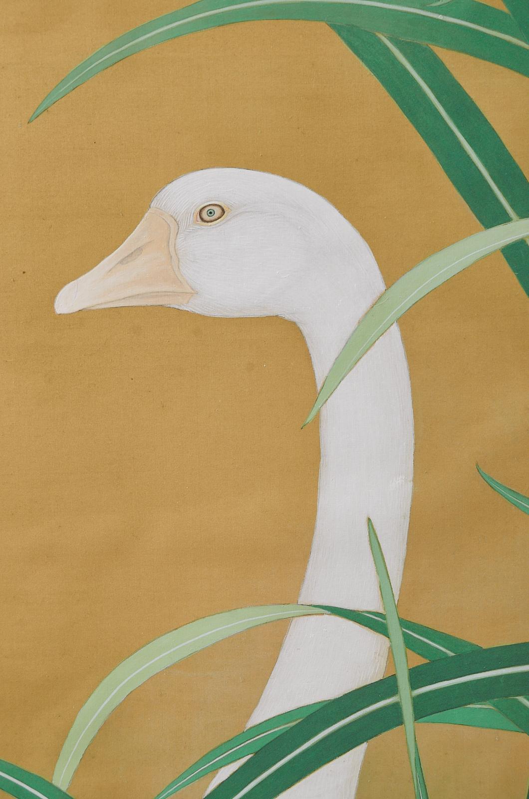 Japanese Meiji Two Panel Screen Geese and Reeds In Good Condition For Sale In Rio Vista, CA