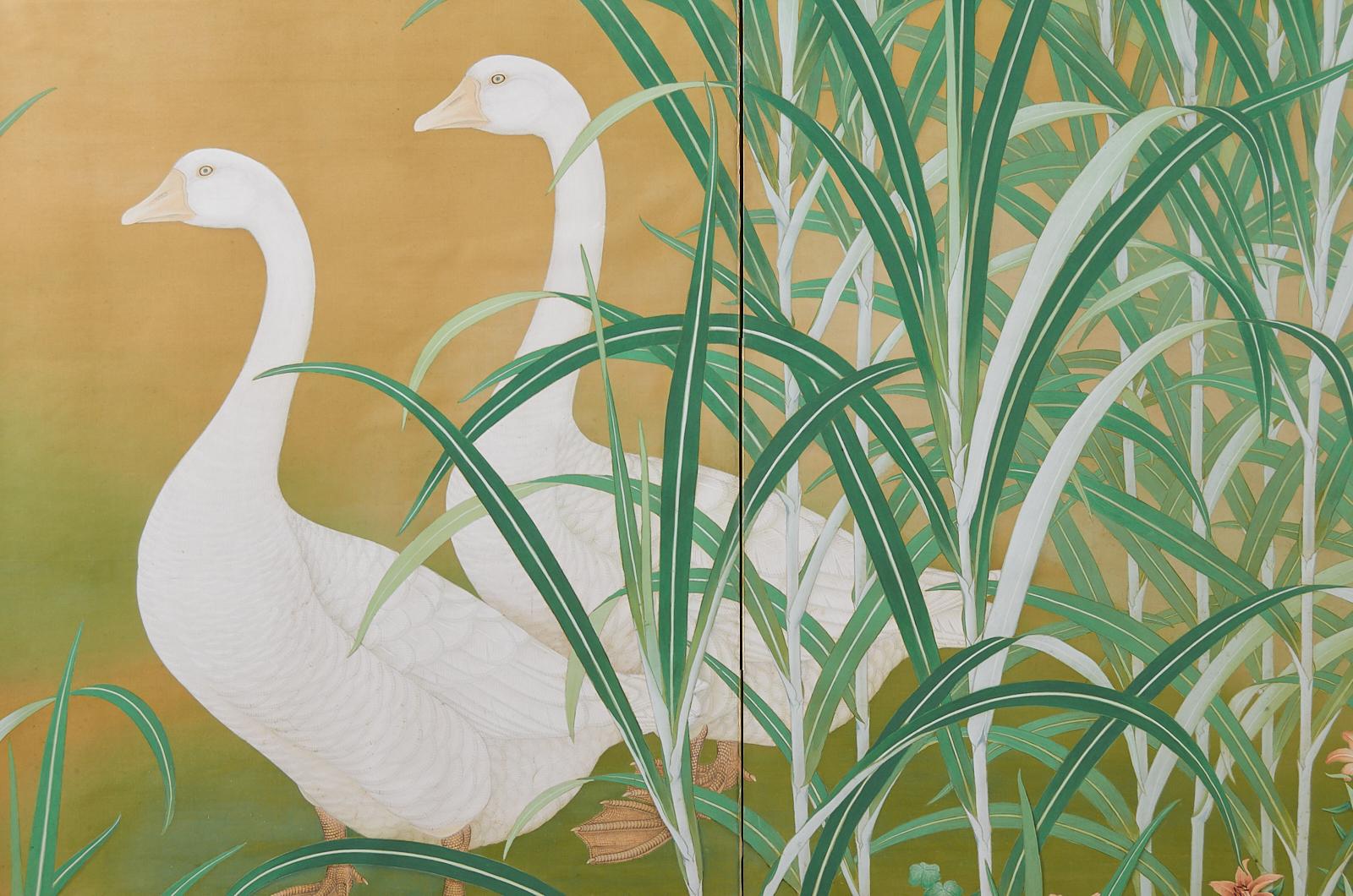 Silk Japanese Meiji Two Panel Screen Geese and Reeds  For Sale