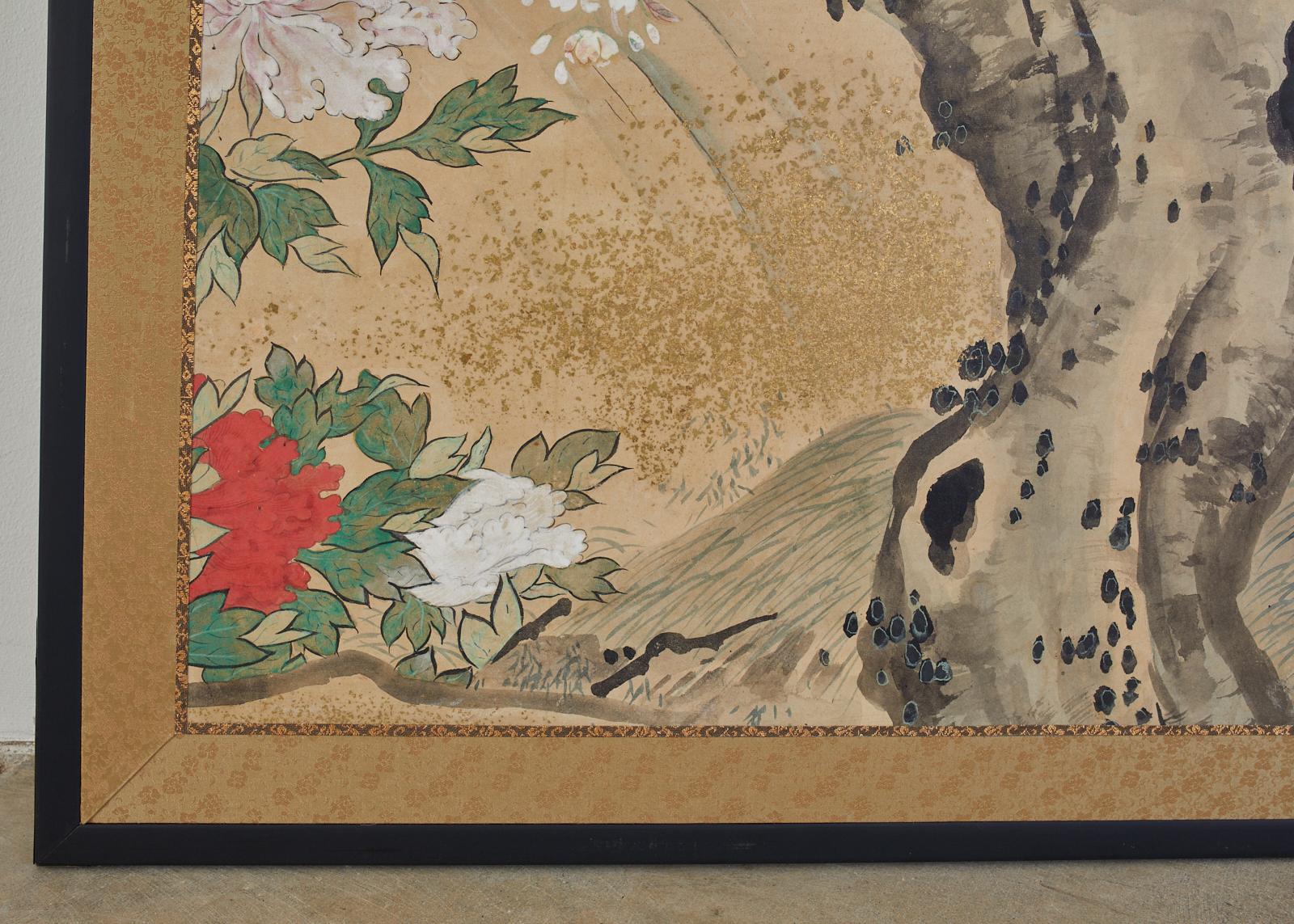 Paravent japonais Meiji à deux panneaux Oiseaux chanteurs en Sakura en vente 3