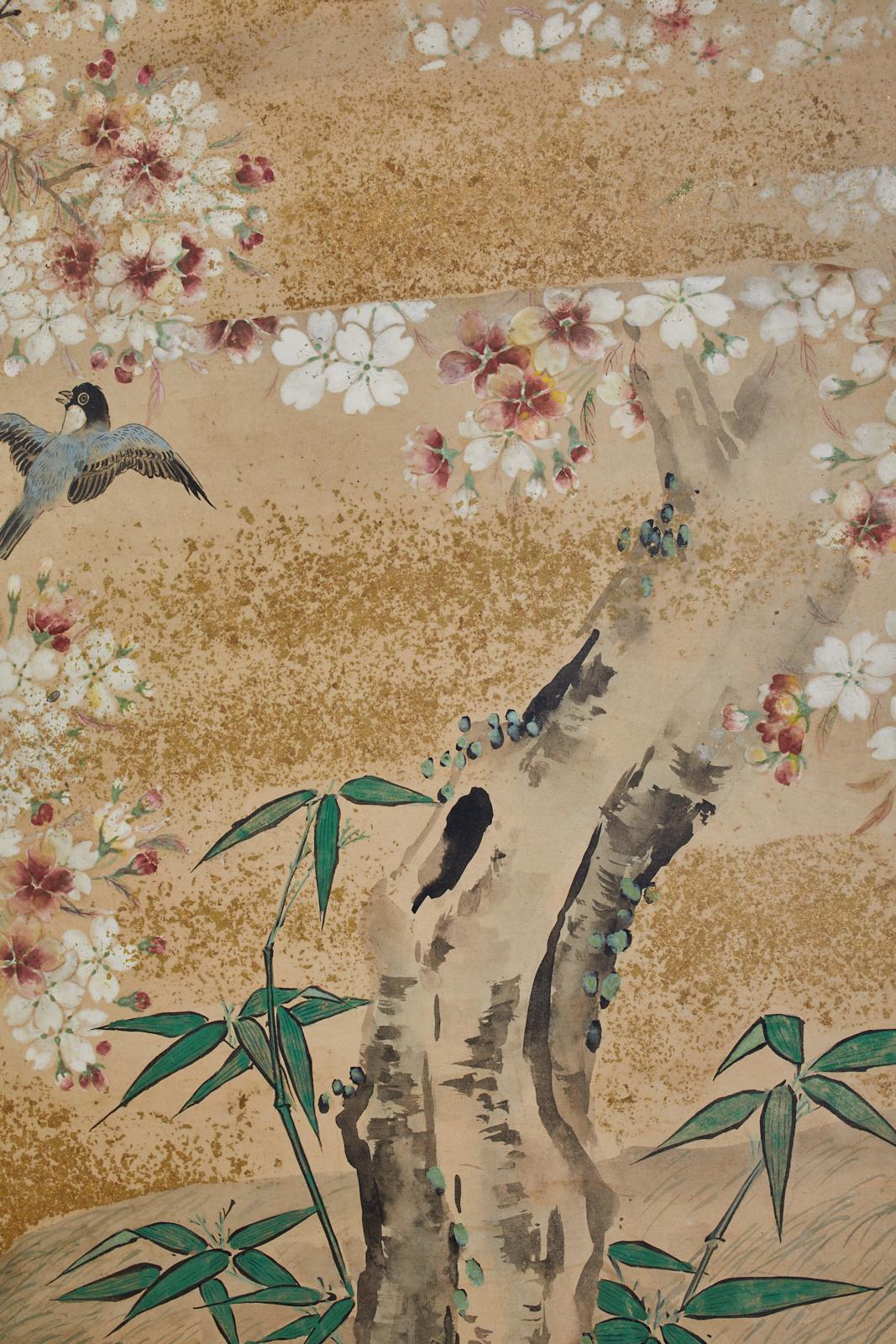 Paravent japonais Meiji à deux panneaux Oiseaux chanteurs en Sakura en vente 6