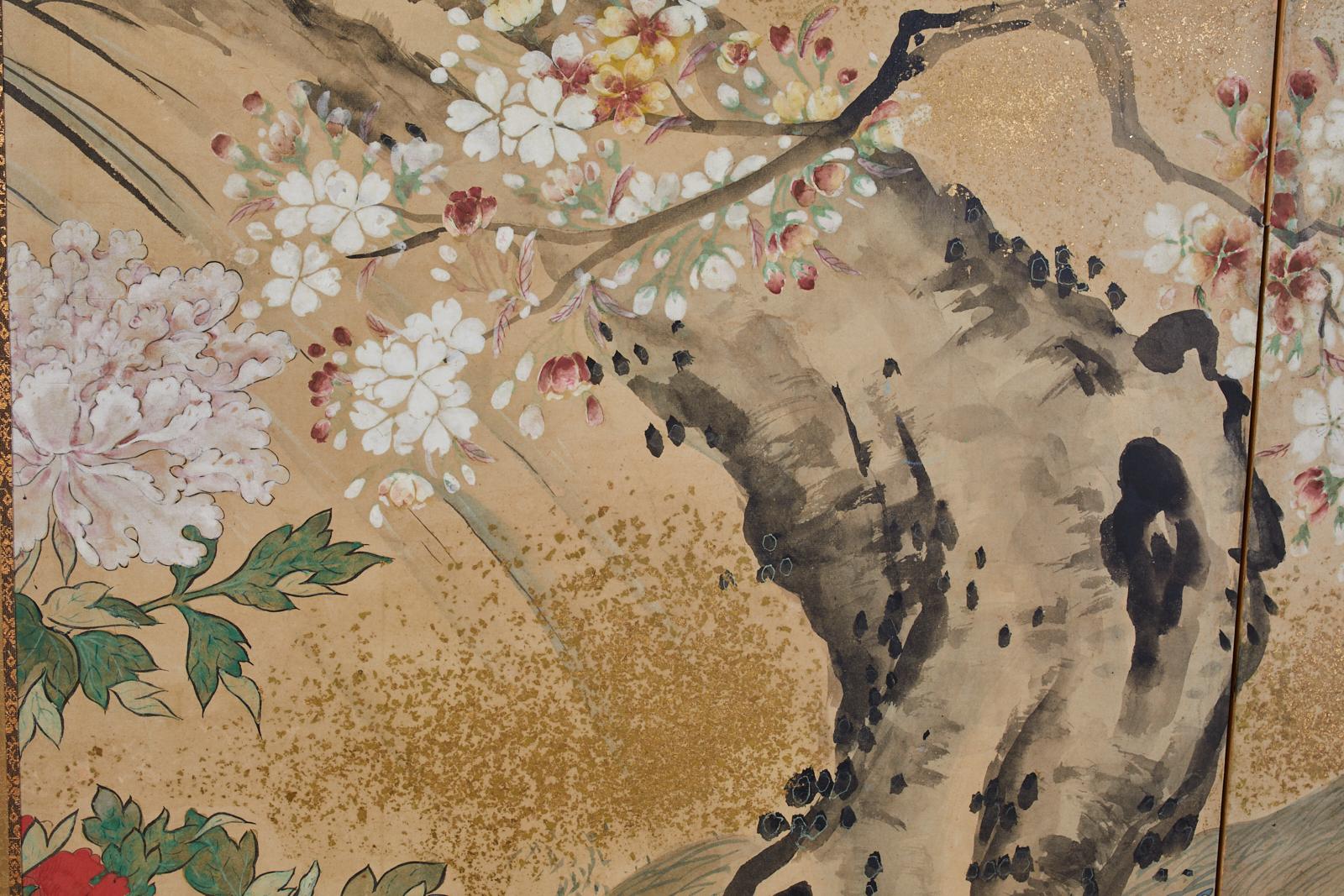 Japanese Meiji Two Panel Screen Song Birds in Sakura 1