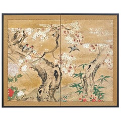 Vintage Japanese Meiji Two Panel Screen Song Birds in Sakura