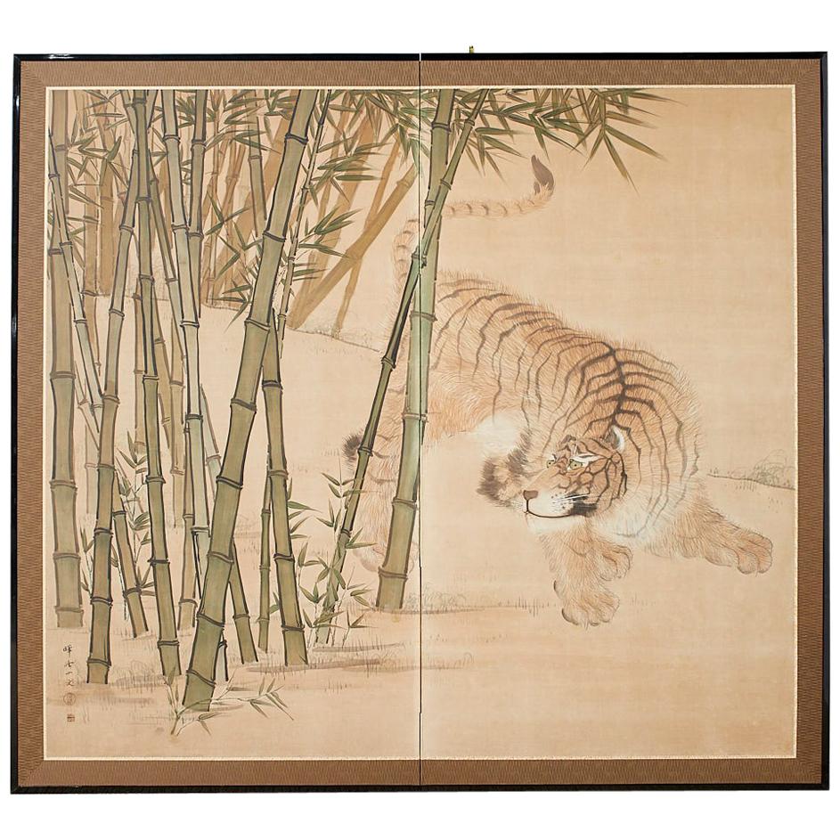 Japanese Meiji Two-Panel Screen Tiger and Bamboo