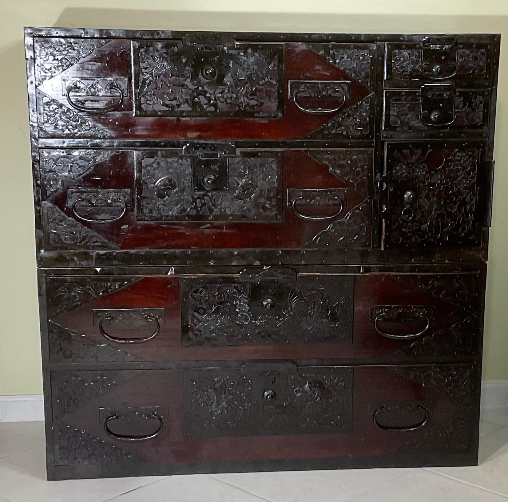 Japanese Meiji Two-Part Red Tansu Chest 8