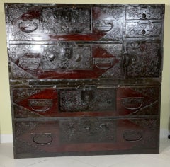 Japanese Meiji Two-Part Red Tansu Chest