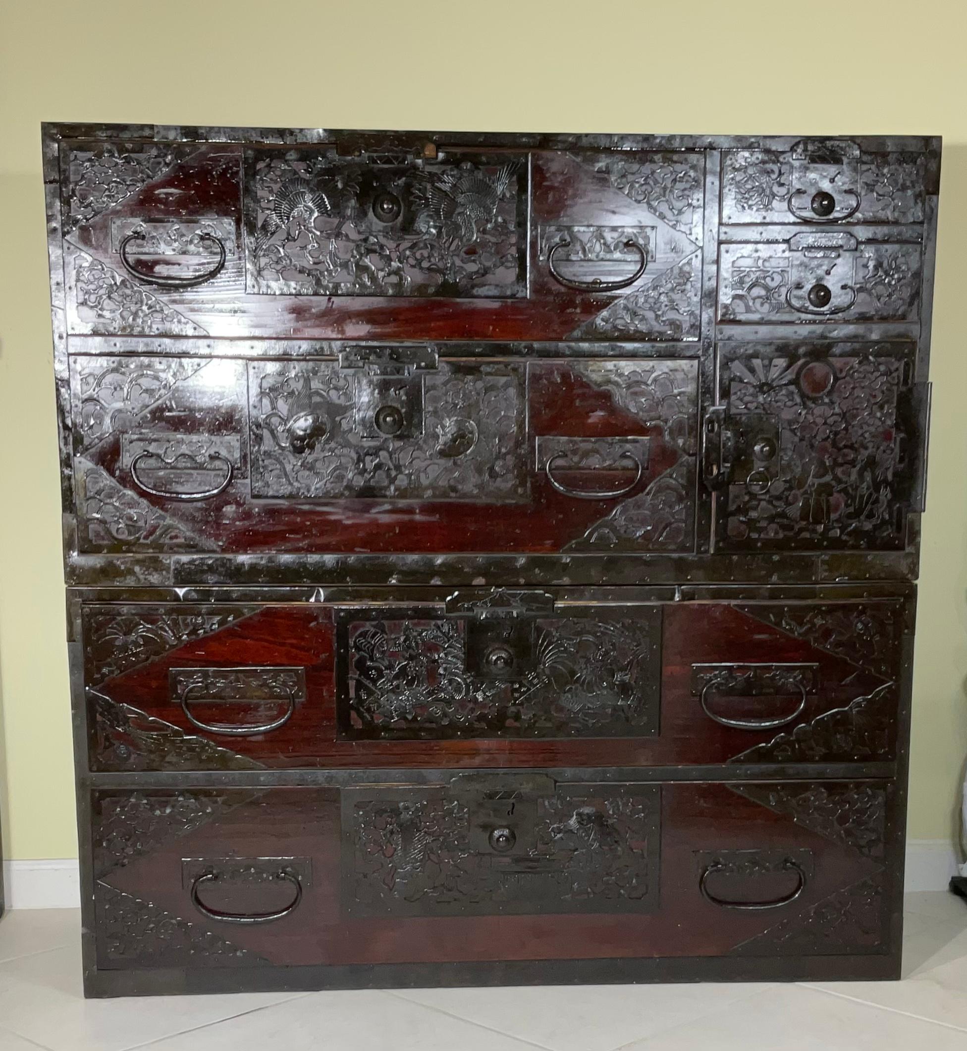 Japonisme Japanese Meiji Two-Part Red Tansu Chest
