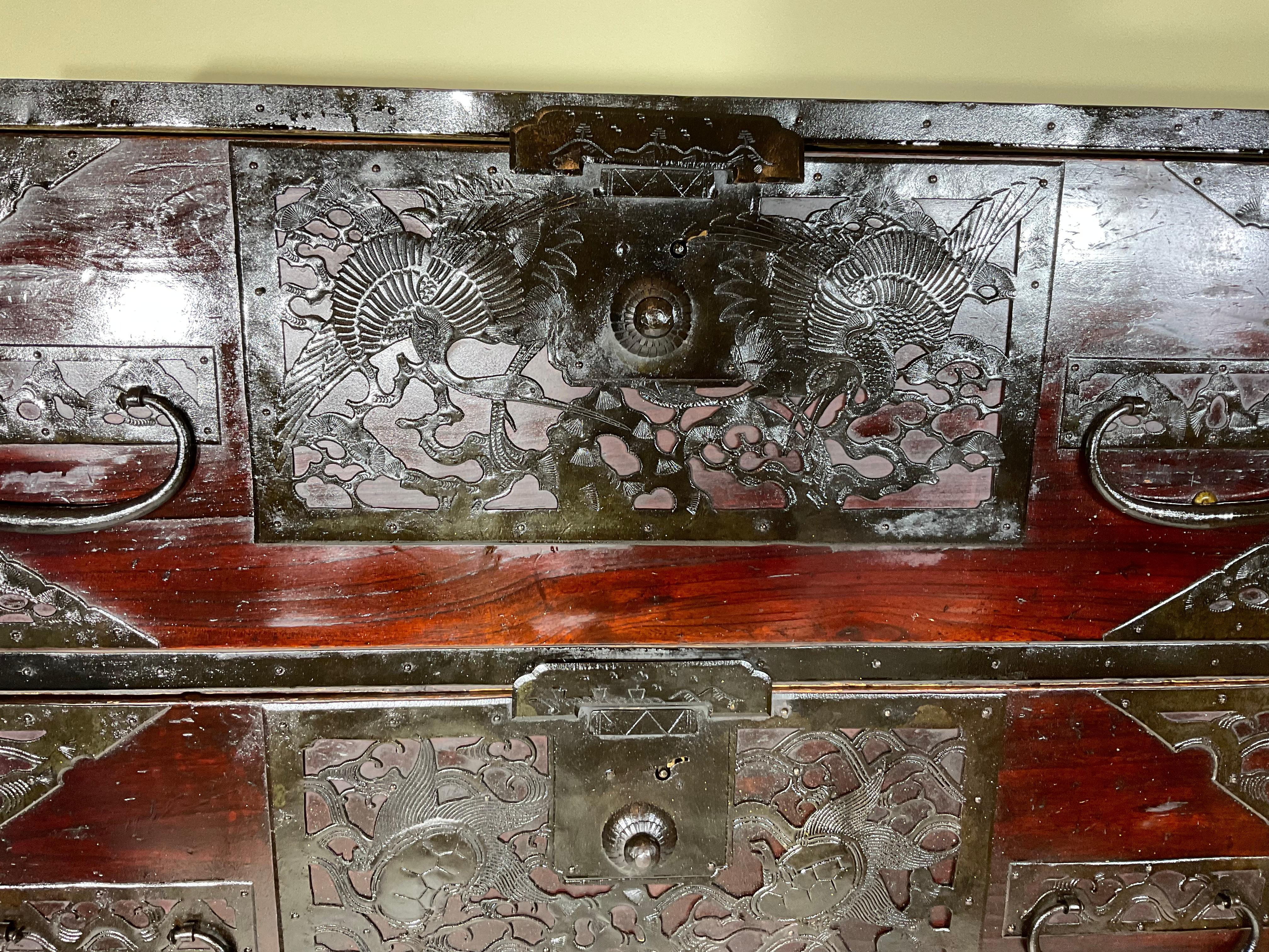 Hand-Crafted Japanese Meiji Two-Part Red Tansu Chest