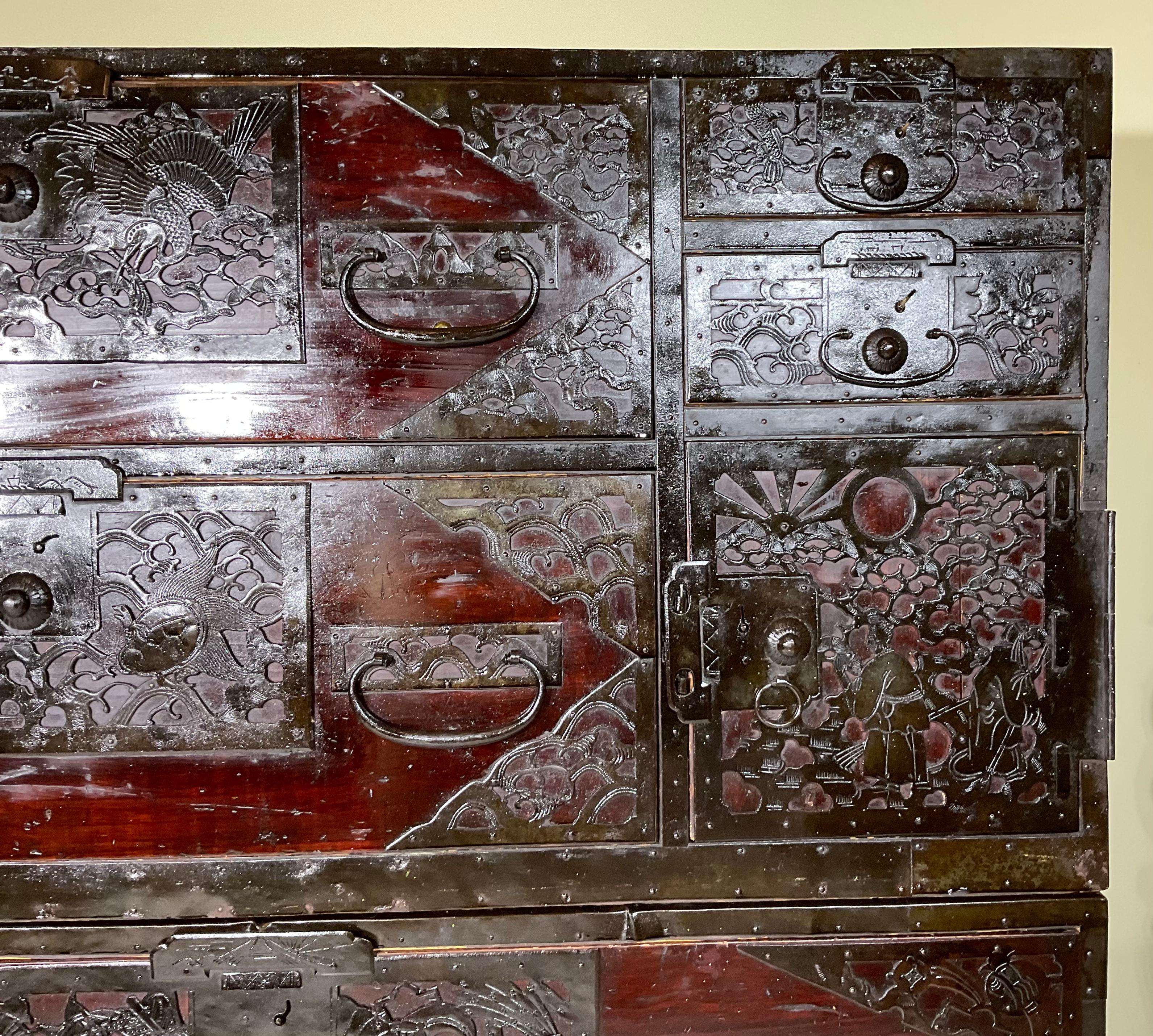Metal Japanese Meiji Two-Part Red Tansu Chest