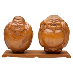 Antique Japanese Meiji Unusual Carved Wood Hotei Group
