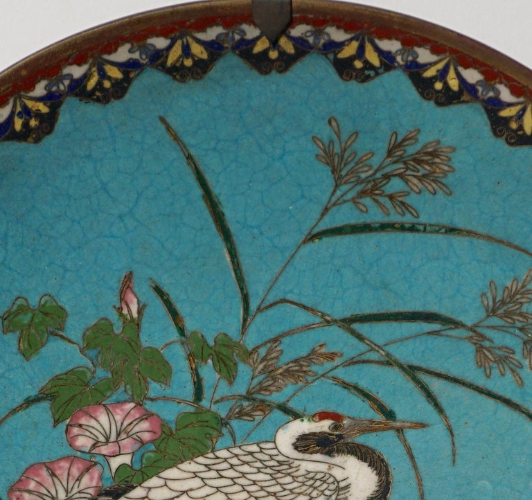 Japanese Meiji White Crane Cloisonne and Bronze Plate at 1stDibs