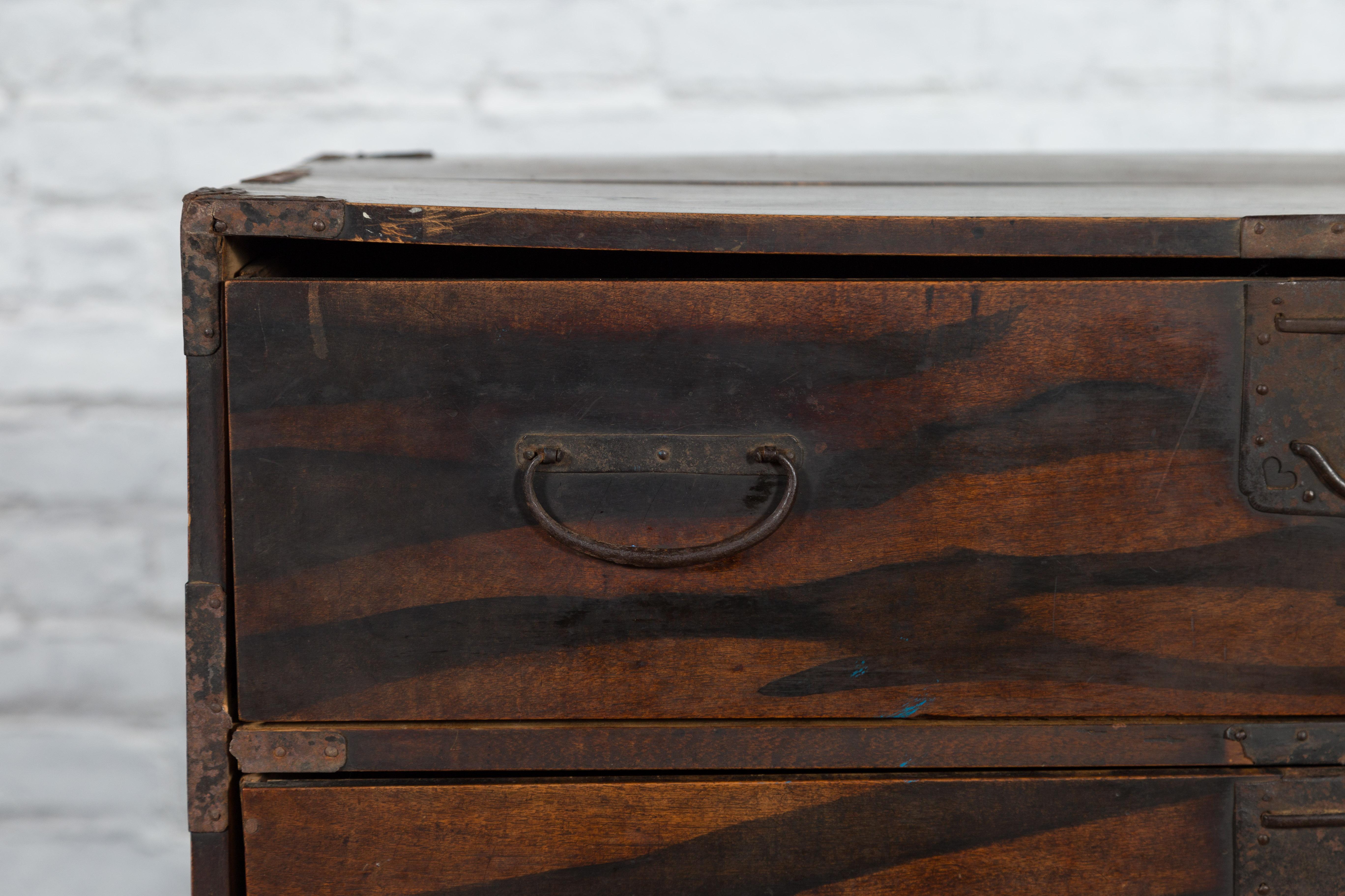 19th Century Japanese Meiji Zebra Wood Tansu Chest in Isho-Dansu Style with Five Drawers For Sale