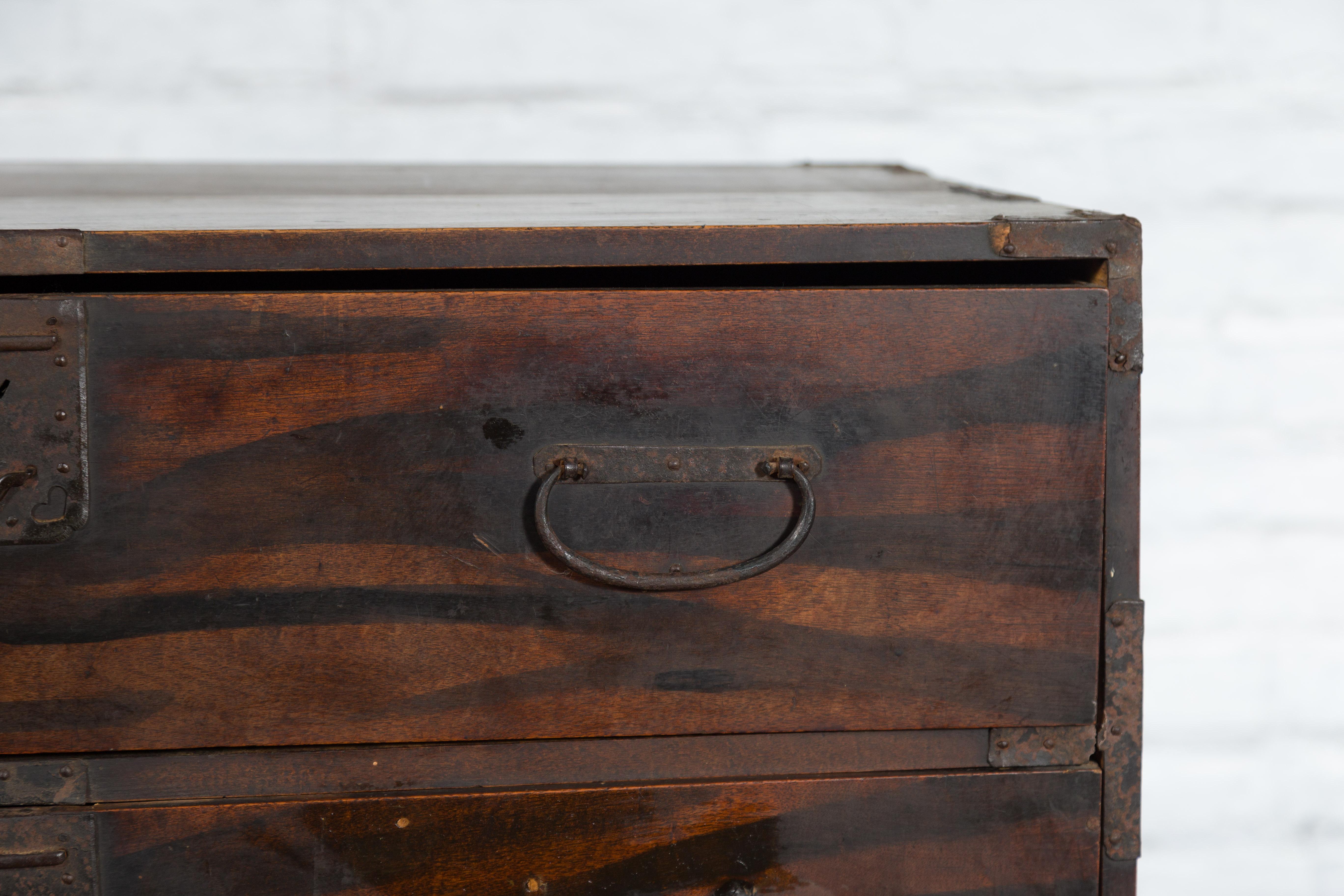 Iron Japanese Meiji Zebra Wood Tansu Chest in Isho-Dansu Style with Five Drawers For Sale