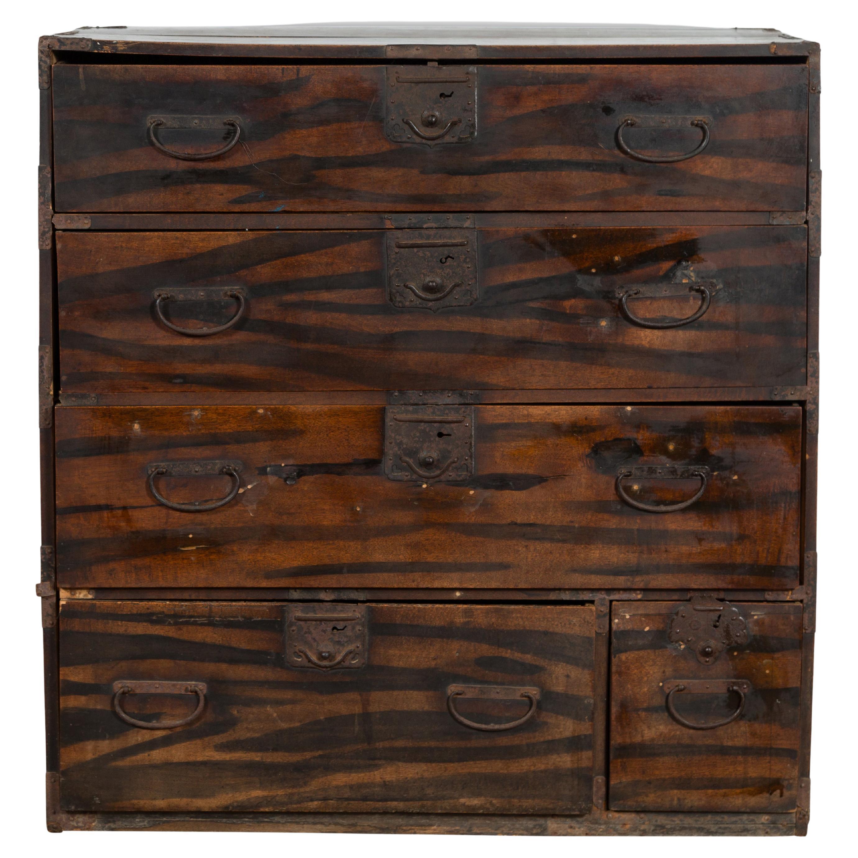 Japanese Meiji Zebra Wood Tansu Chest in Isho-Dansu Style with Five Drawers For Sale