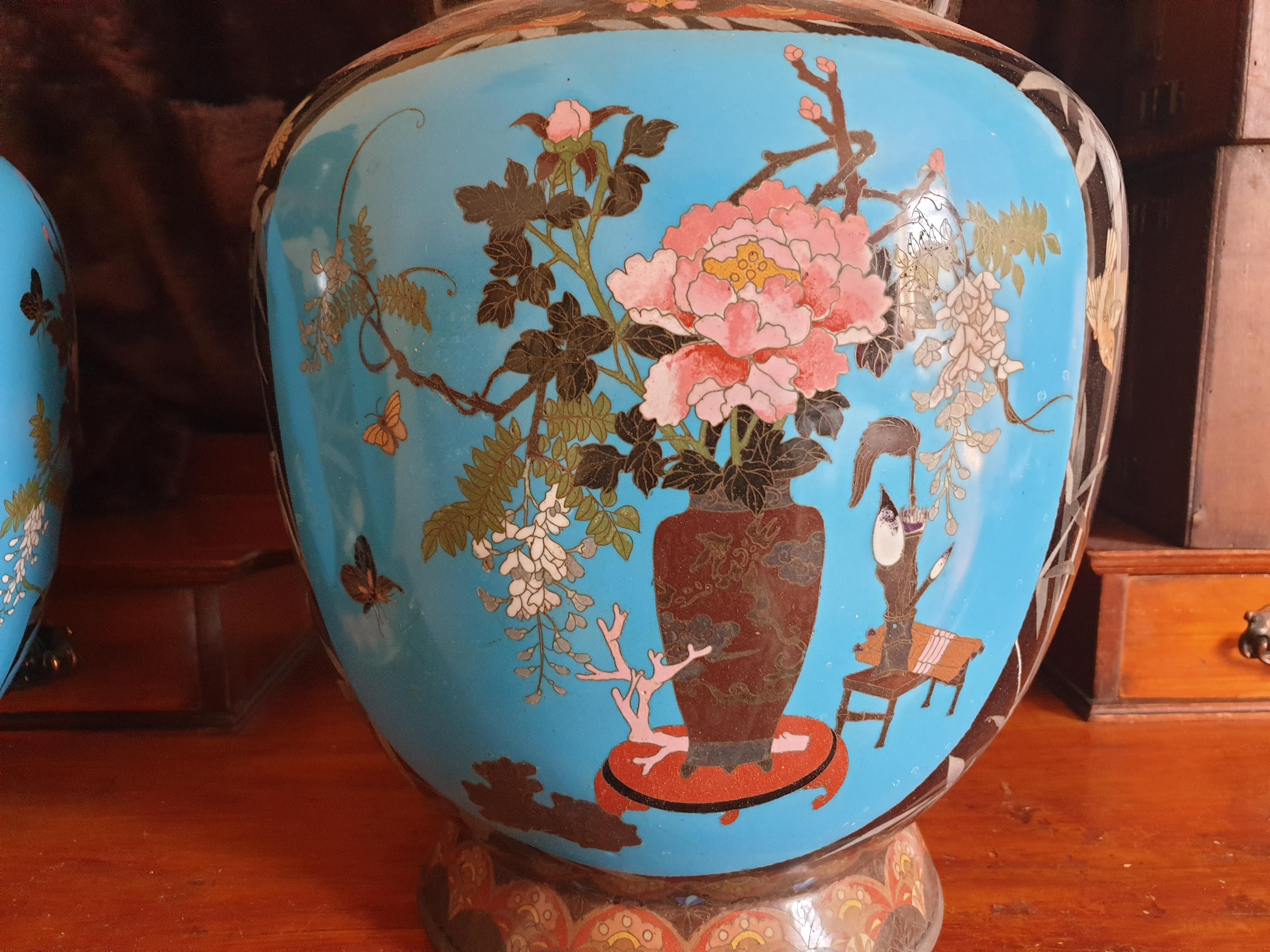 Japanese Meji Period Cloisonné Crane & Bamboo Vases with Scenes of Nature For Sale 6