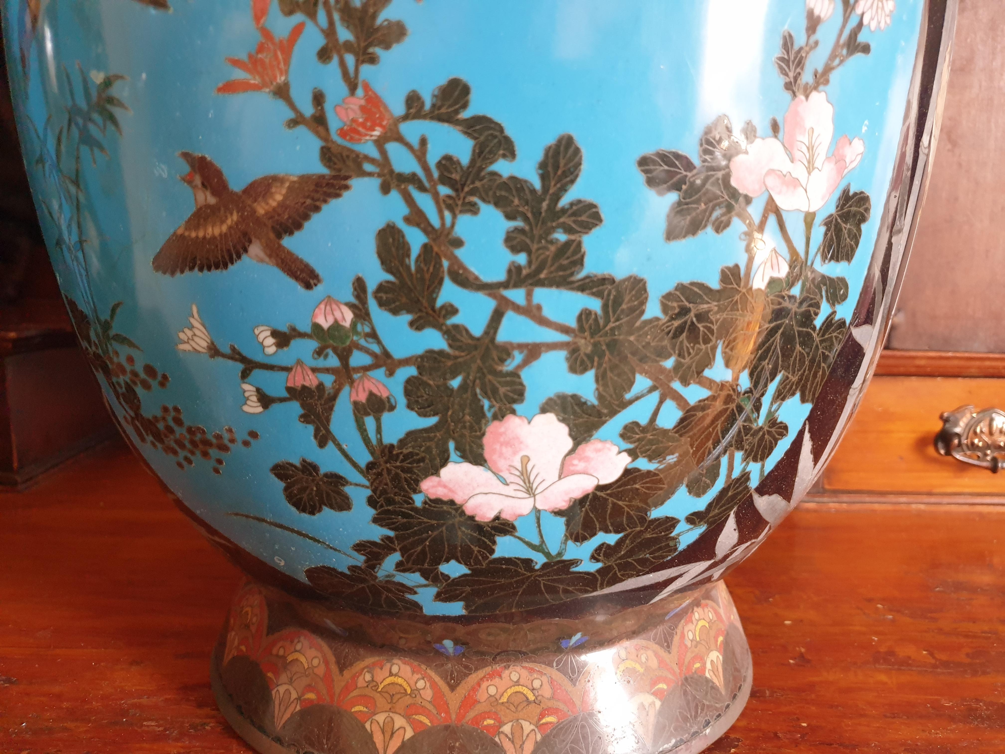 Japanese Meji Period Cloisonné Crane & Bamboo Vases with Scenes of Nature For Sale 9