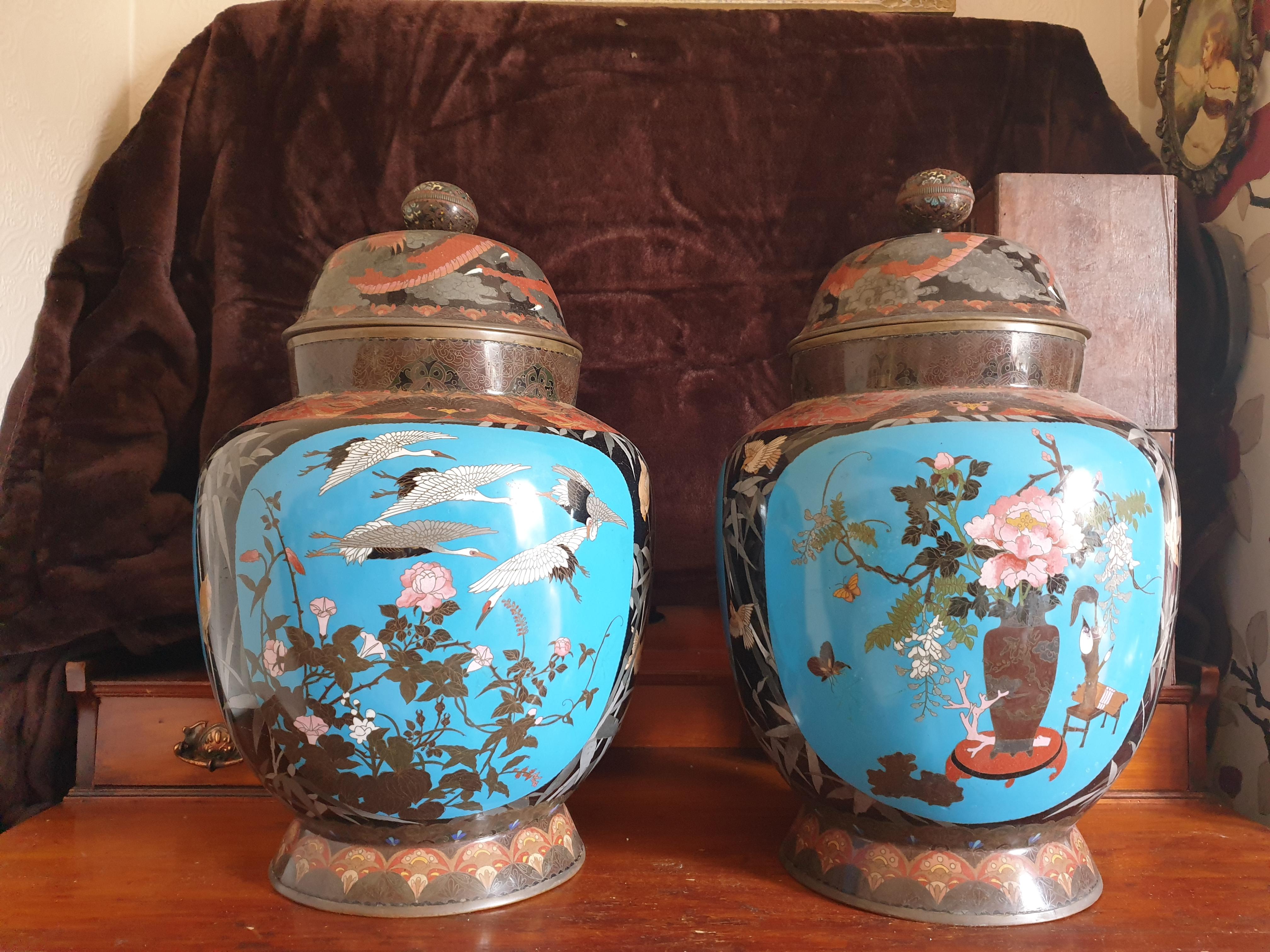 A magnificent large pair of Japanese Cloisonné hand painted vases.  These decorative vases dates back to early 19th century.  Heavily decorated with highly desired scenes of cranes, bamboo patterns and additional scenes of nature on a light blue