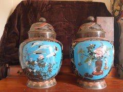 Japanese Meji Period Cloisonné Crane & Bamboo Vases with Scenes of Nature